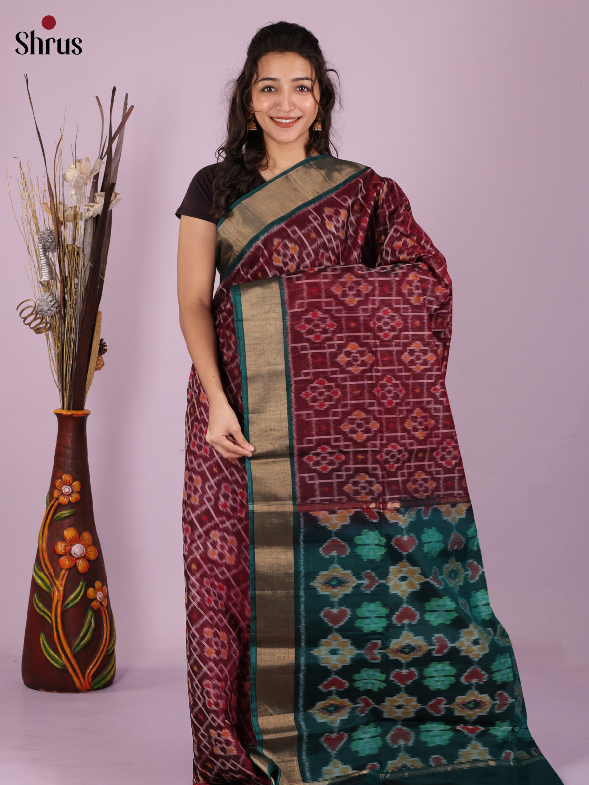 Buy Timeless Wine Pochampally Silk Cotton Saree With Geometric Ikat Motifs, Teal Zari Border & Pallu