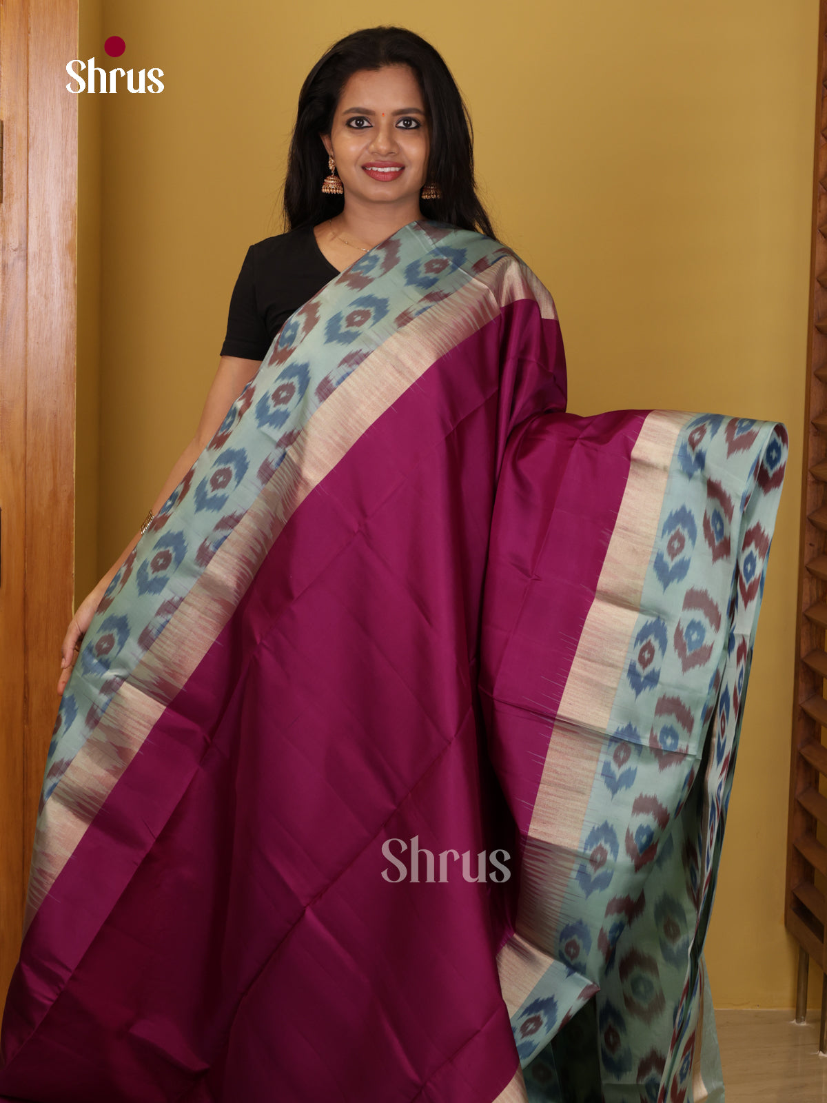 Buy Classic Wine Pure Soft Silk Saree With Plain Body, Soft Blue Border With Pochampally Ikat Pattern