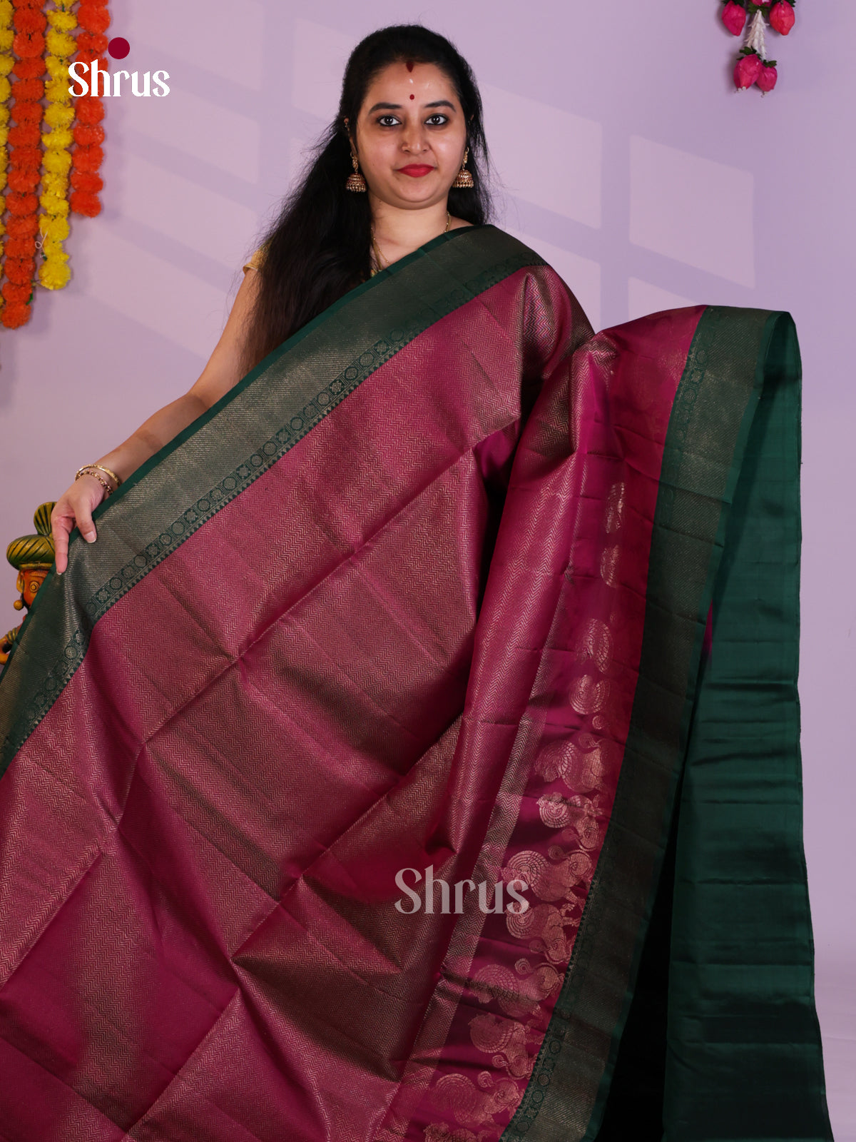 Buy Charming Wine Pure Soft Silk Saree with Zari Brocade Weave, Green Border & Pallu