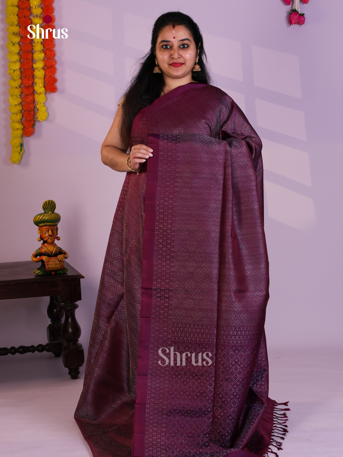 Buy Shimmery Wine Soft Silk Saree with Zari Woven Geometric Brocade Pattern