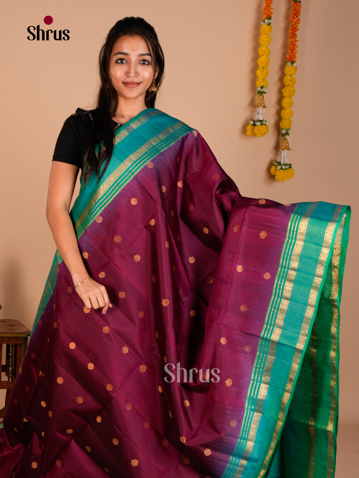 Buy Graceful Wine Soft Silk Sarees with Golden Buttas, Turquoise Rettaipet Border & Pallu