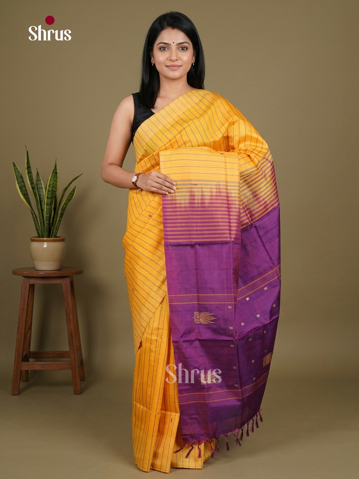 Buy Bright Yellow Banana Pith Saree With Thread Woven Stripes & Purple Zari Pallu