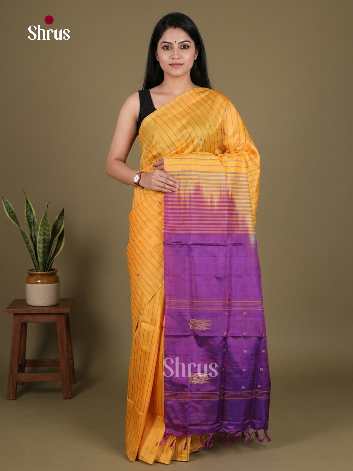 Buy Vivid Yellow Banana Pith Saree With Woven Stripes & Traditional Purple Pallu