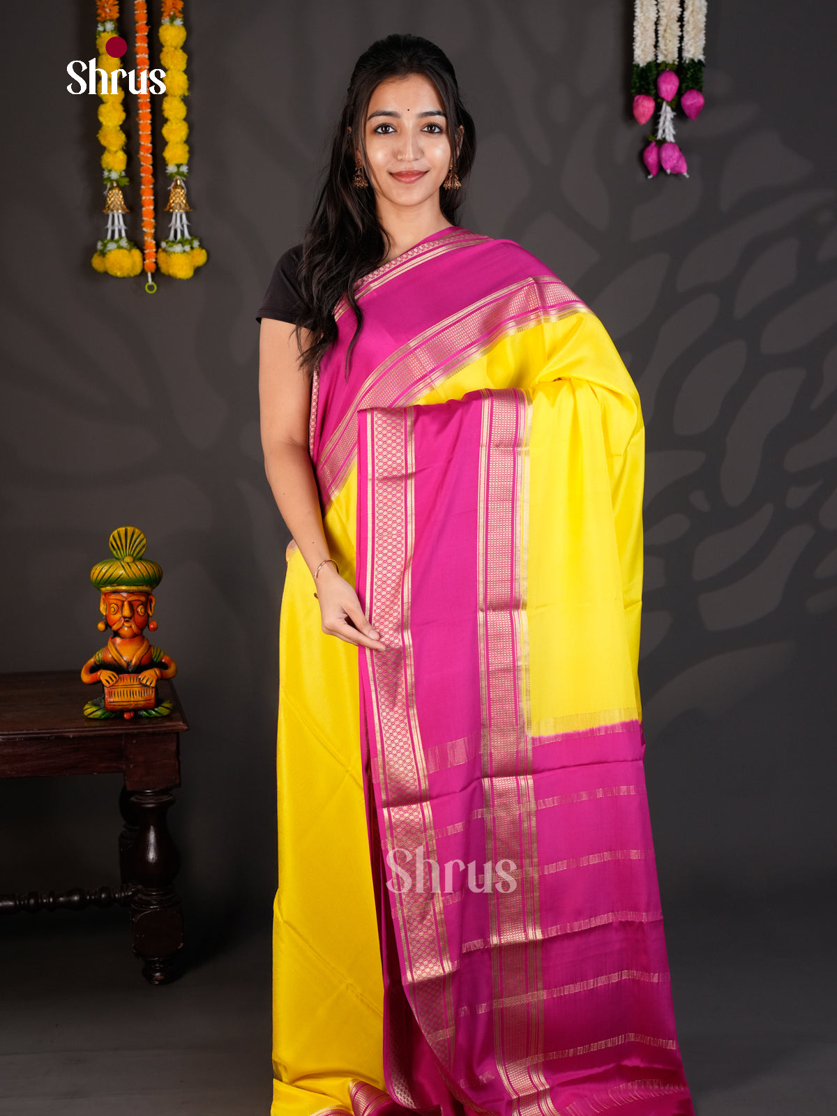 Buy Luminous Yellow Mysore Silk Saree With Broad Purple Rettapet Zari Border & Chit Pallu