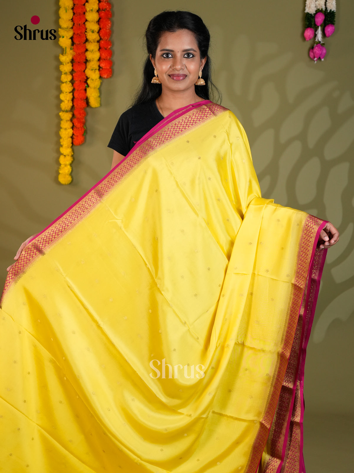 Buy Bright Yellow Mysore Silk Sarees with Golden Buttas, Small Zari Border & Maroon Pallu