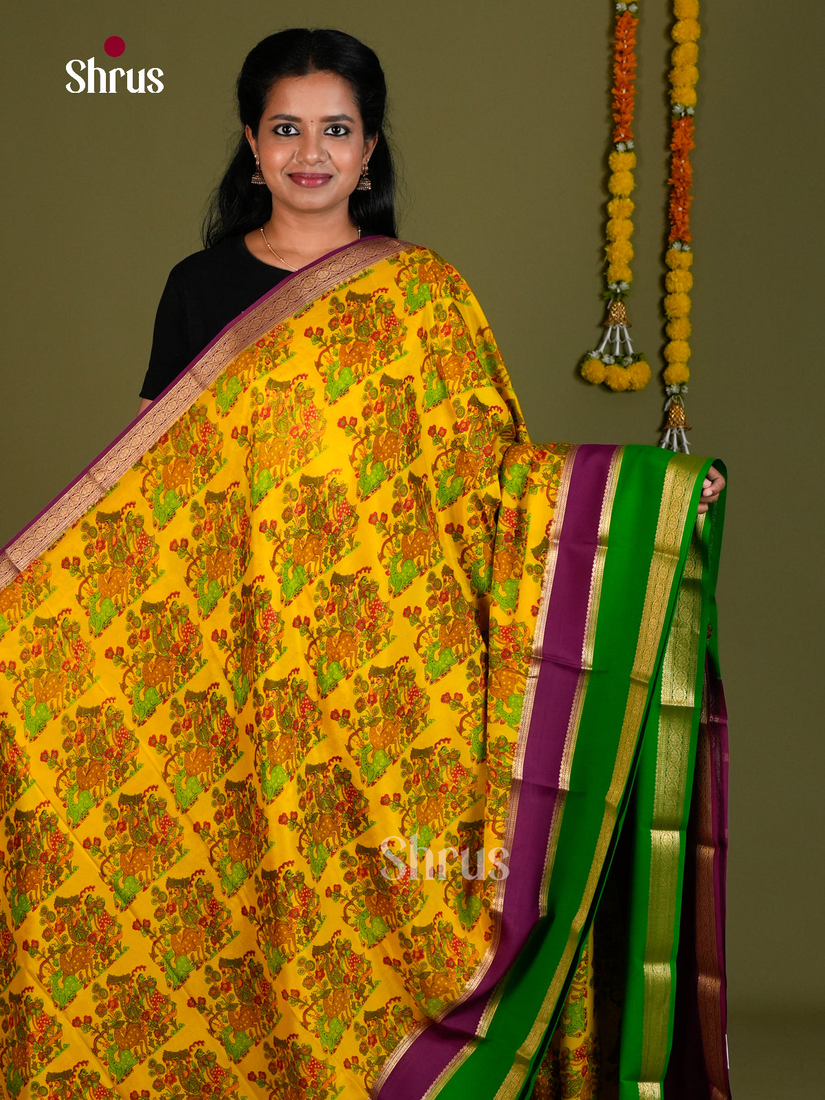 Buy Vivid Yellow Mysore Silk Sarees with Kalamkari Prints, Parrot Green & Purple Zari Woven Border
