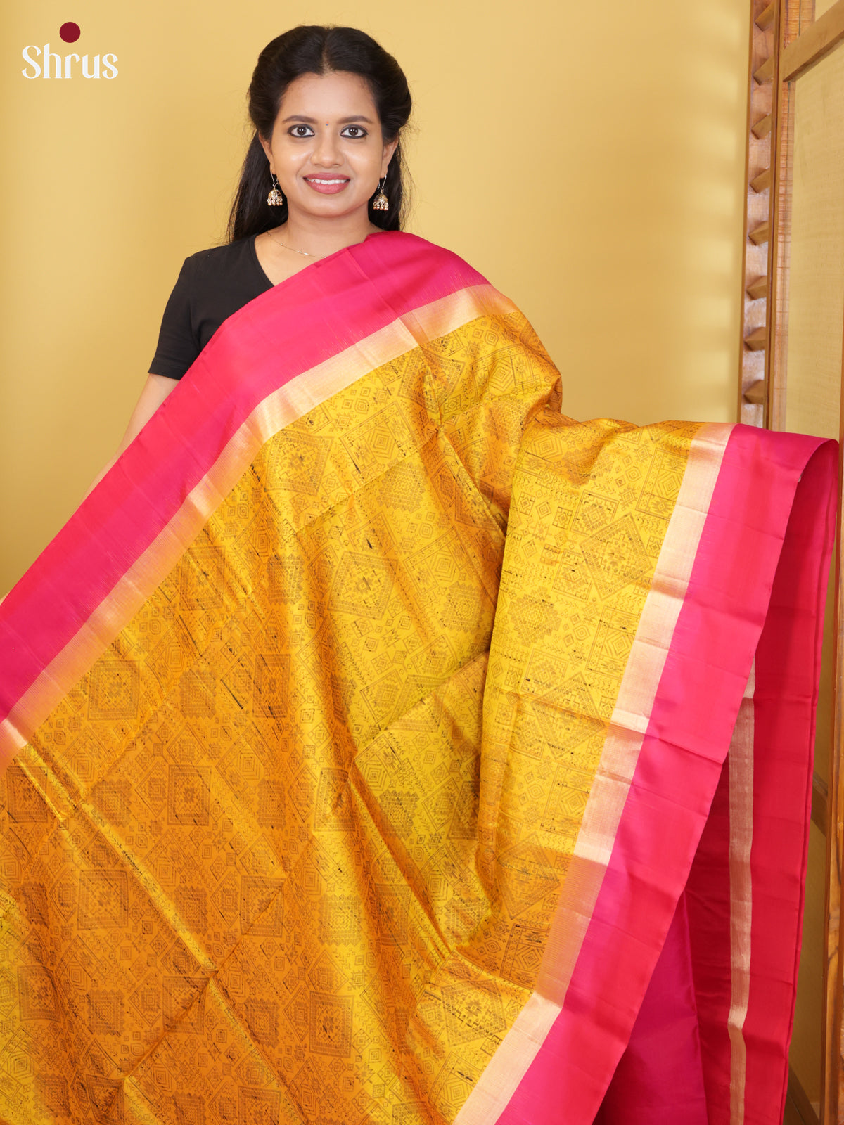 Buy Contemporary Yellow Pure Soft Silk Saree With Warli Inspired Prints, Pink Border & Brocade Pallu