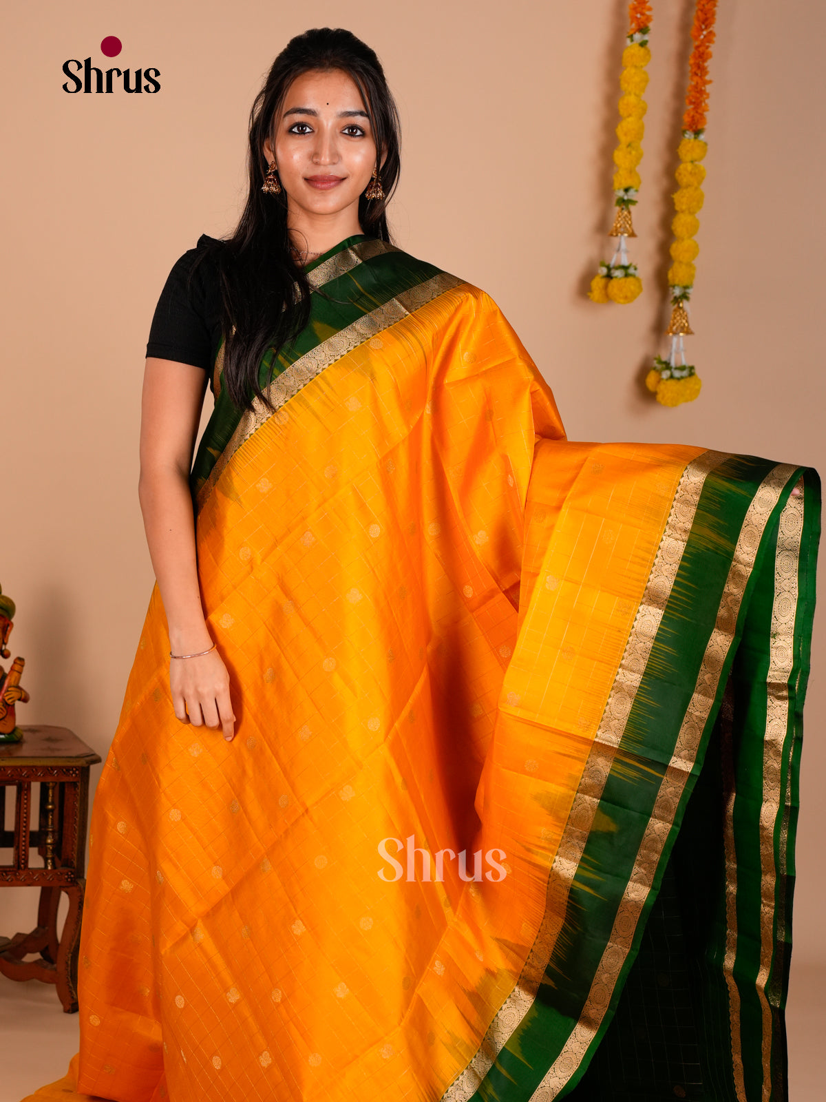 Buy Glorious Yellow Pure Soft Silk Saree with Golden Check, Buttas & Green Rettaipet Zari Border