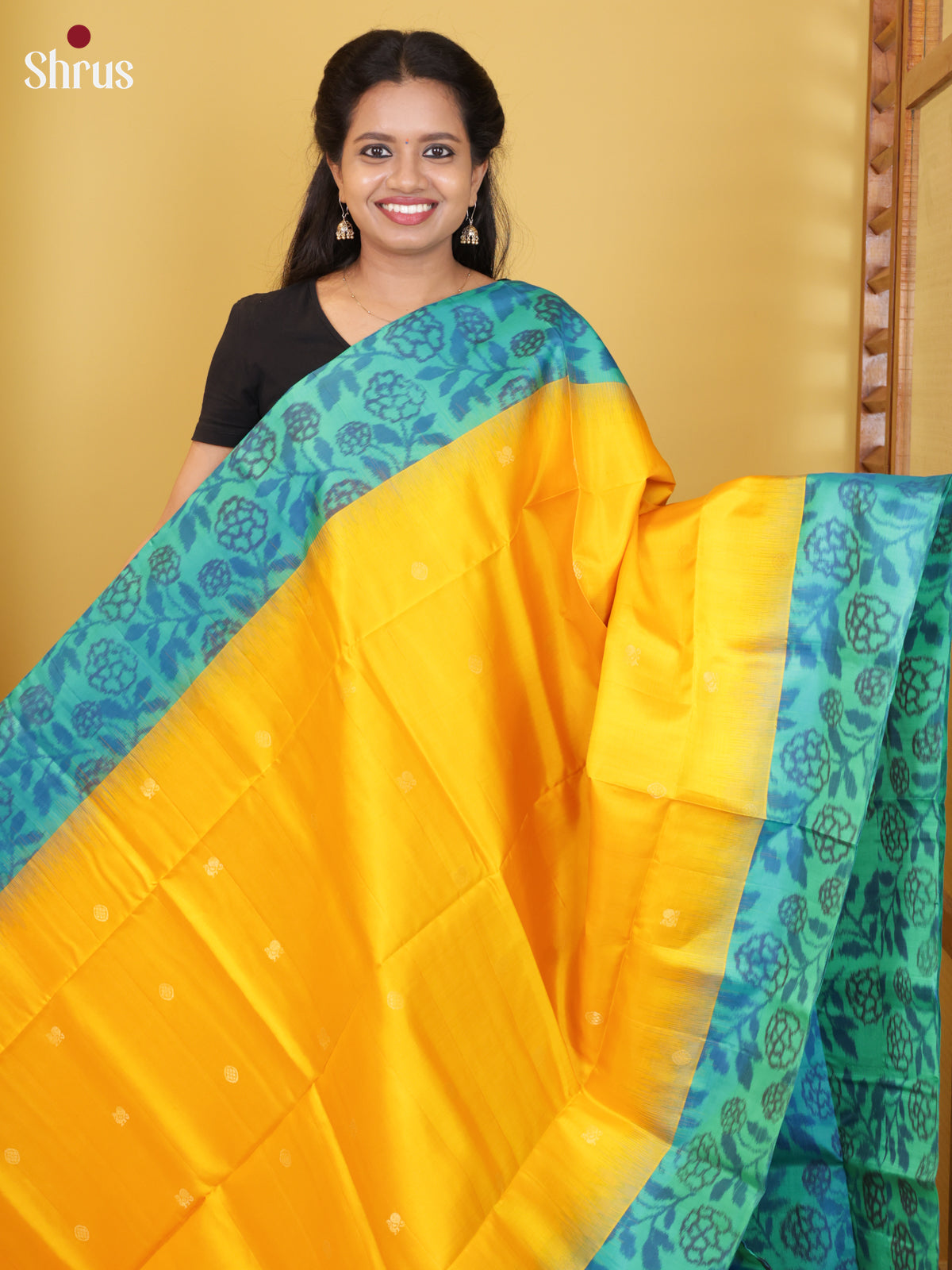 Buy Dazzling Yellow Pure Soft Silk Saree with Zari Buttas & Teal Pochampally Ikat Floral Border 