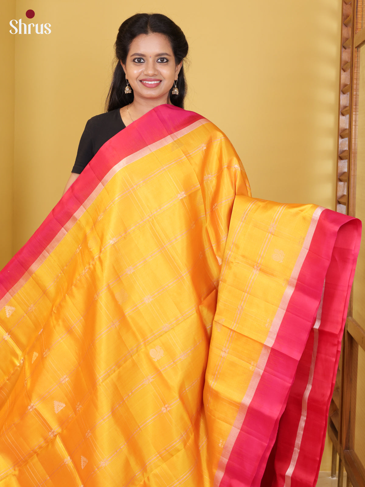 Buy Luminous Yellow Pure Soft Silk Saree with Zari Checks, Buttas & Orangish Pink Border And Pallu