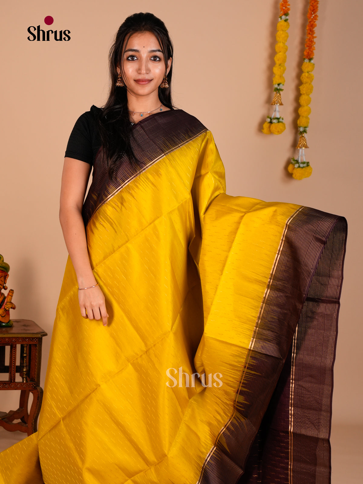 Buy Bright Yellow Pure Soft Silk Saree with Zari Stripes Buttas & Brown Brocade Pallu
