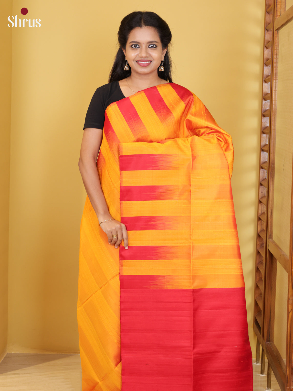Buy Bright Yellow & Red Soft Silk Saree with Block Stripes & Red Pallu