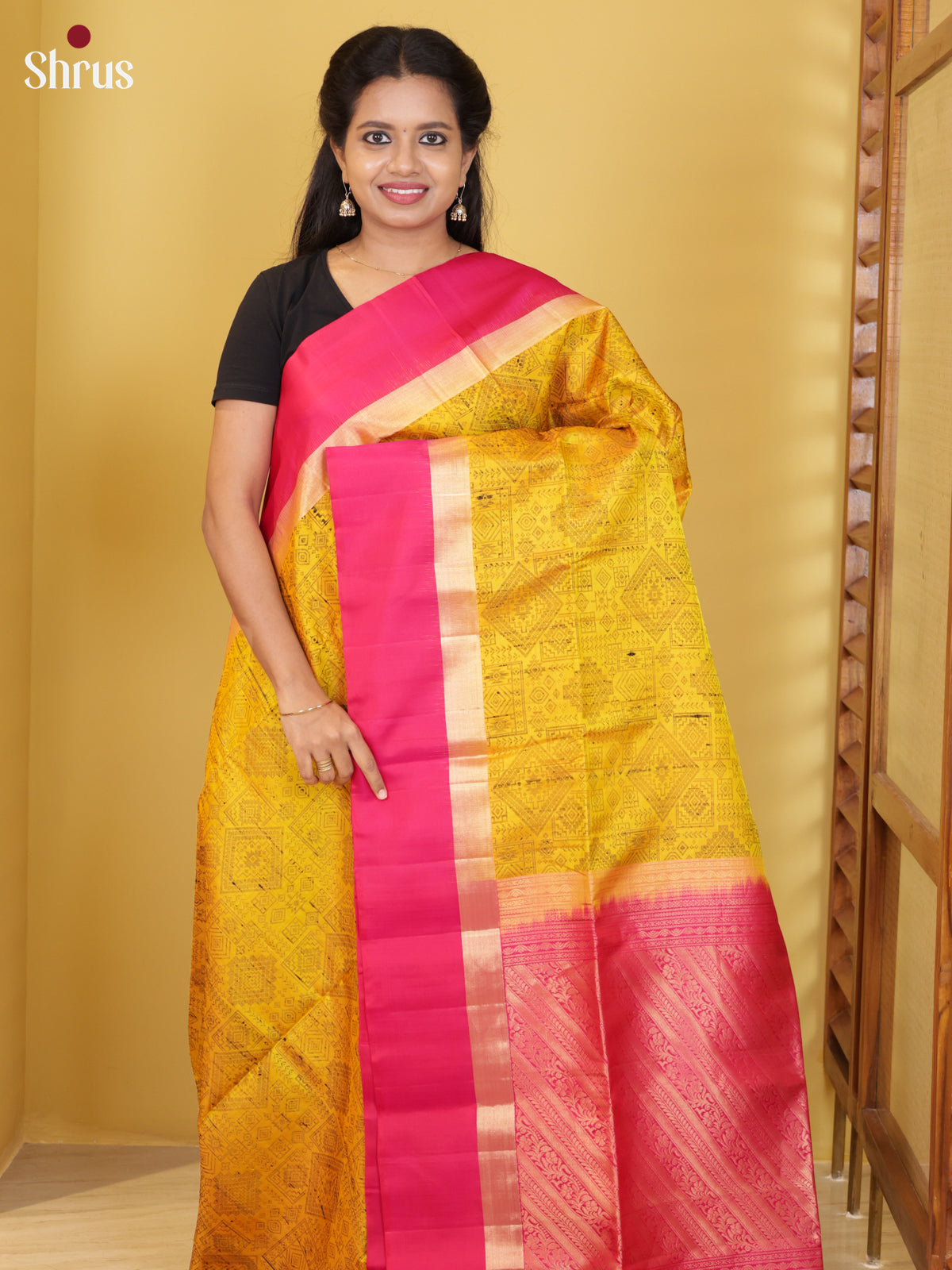 Buy Contemporary Yellow Soft Silk Saree With Warli Inspired Prints, Pink Border & Brocade Pallu
