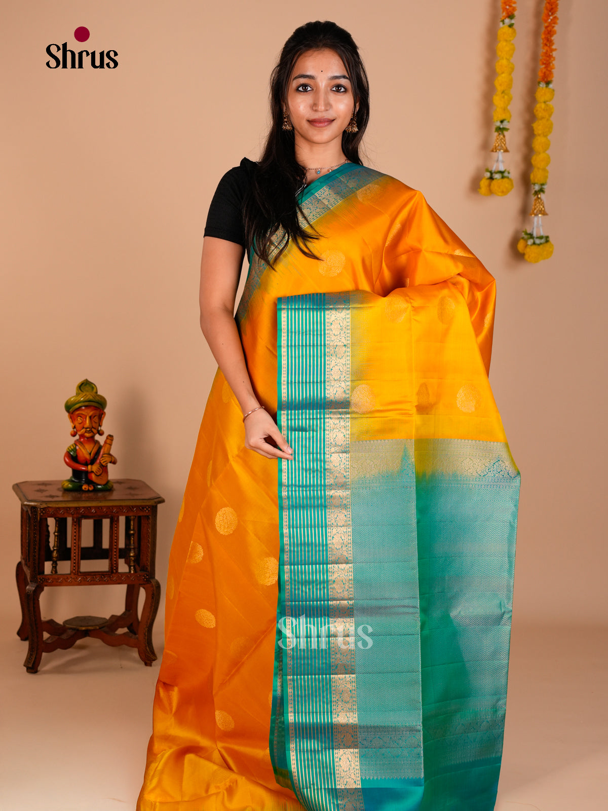 Buy Exquisite Yellow Soft Silk Saree with Gold Circular Motifs & Teal Green Brocade Pallu