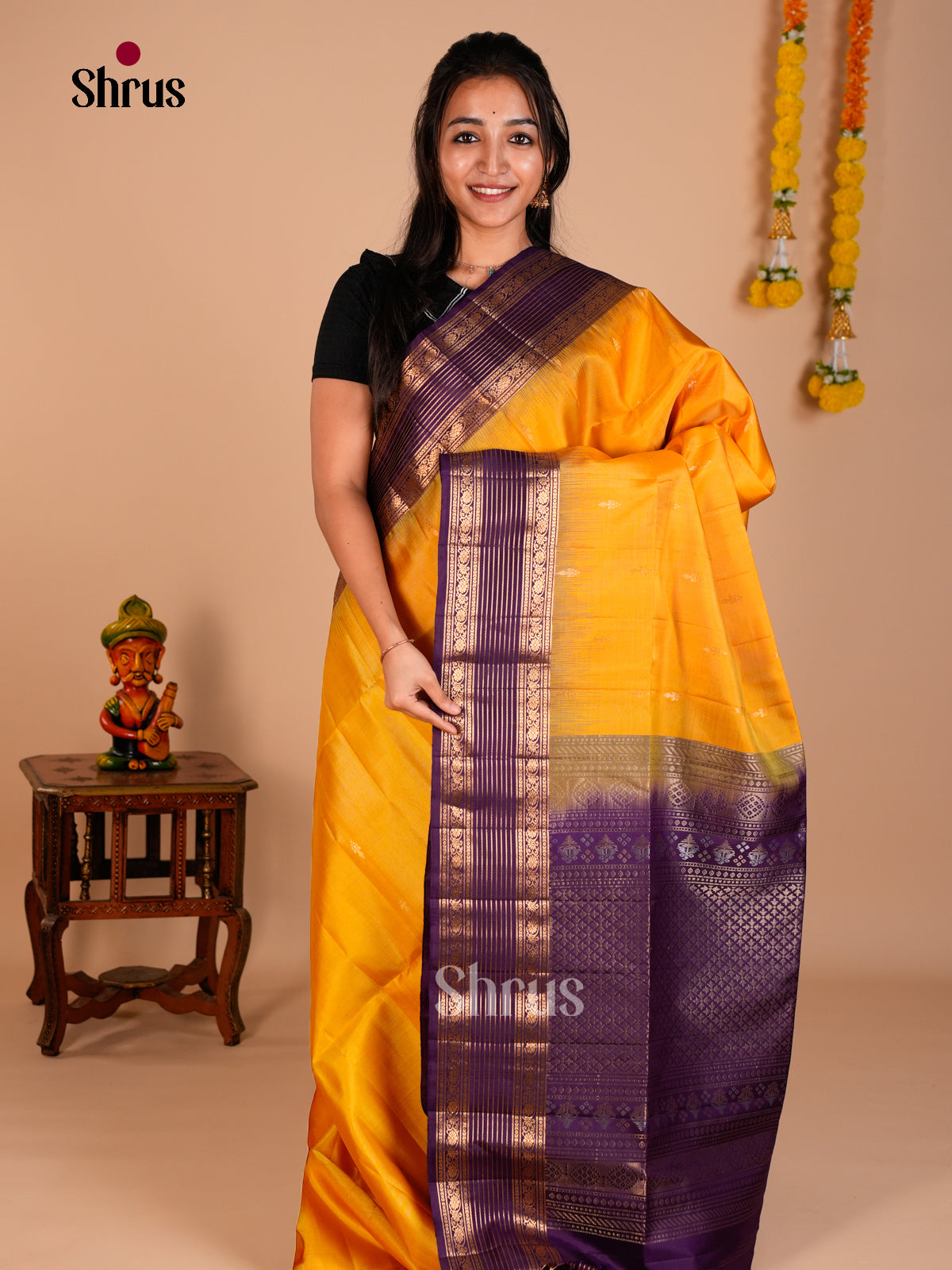 Buy Glorious Yellow Soft Silk Saree with Gold Floral Buttas & Violet Rettaipet Zari Border