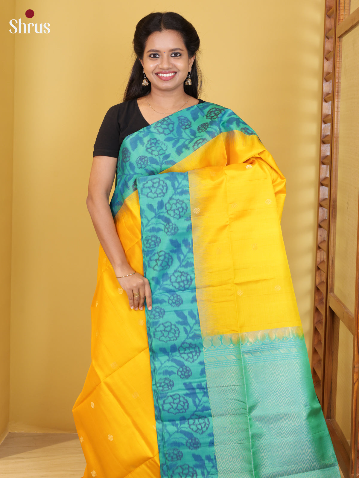Buy Dazzling Yellow Soft Silk Saree with Zari Buttas & Teal Pochampally Ikat Floral Border 