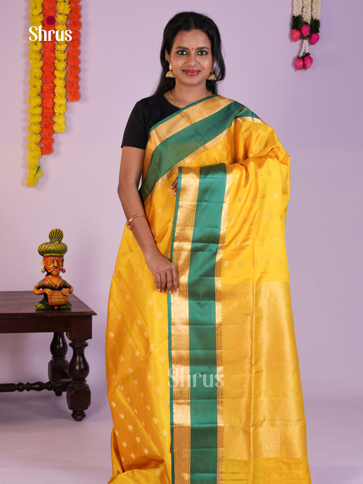 Buy Glorious Yellow Soft Silk Saree with Zari Peacock Buttas, Green & Gold Bands In Border 