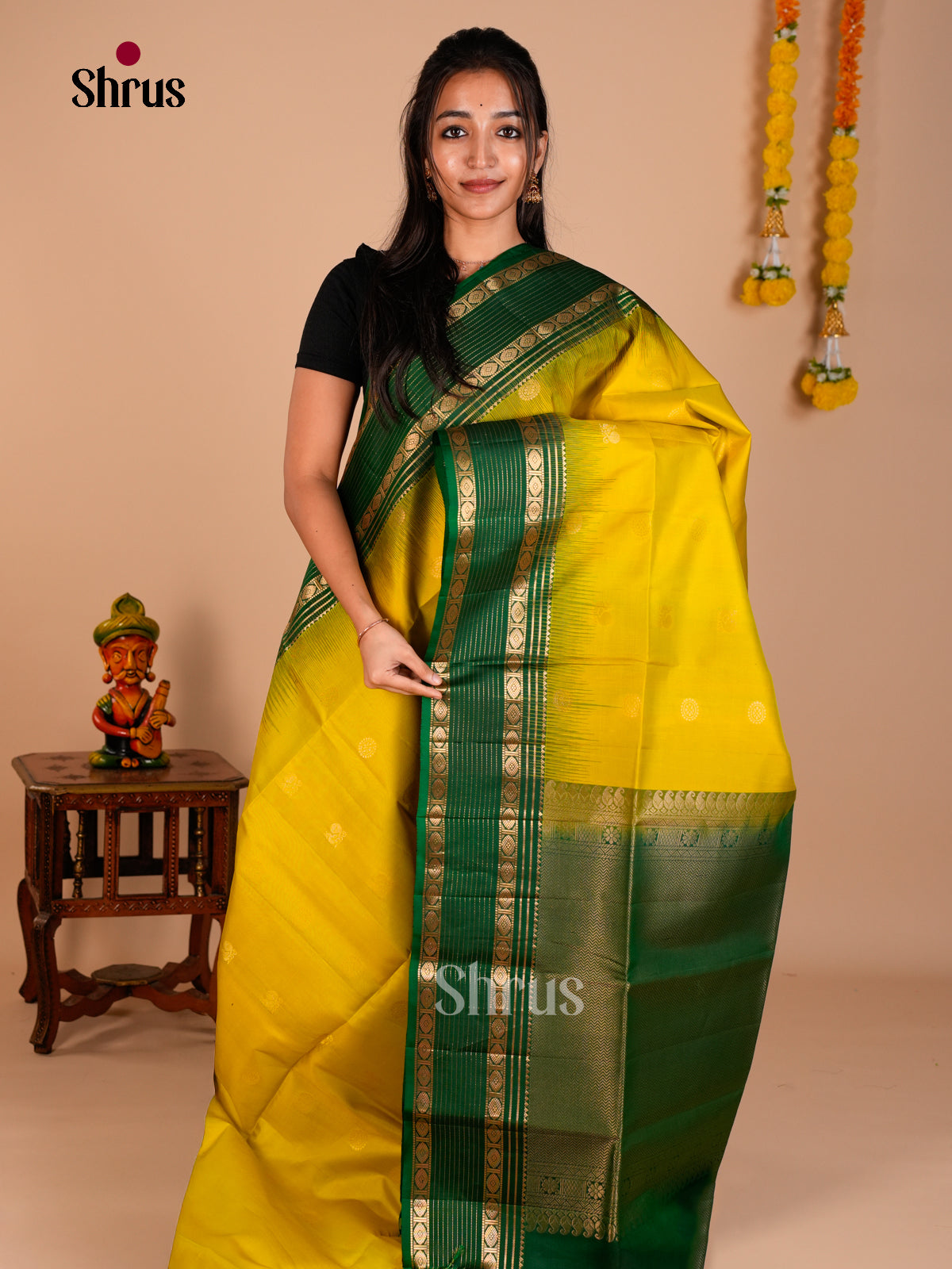 Buy Glorious Yellow Soft Silk Saree with Zari Woven Peacock & Floral Buttas And Green Pallu