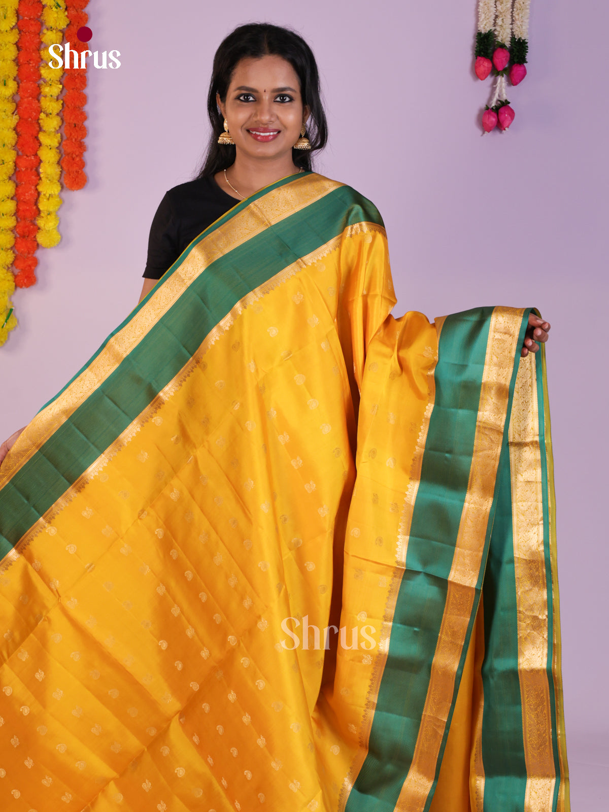 Buy Glorious Yellow Soft Silk Sarees with Zari Peacock Buttas, Green & Gold Bands In Border 