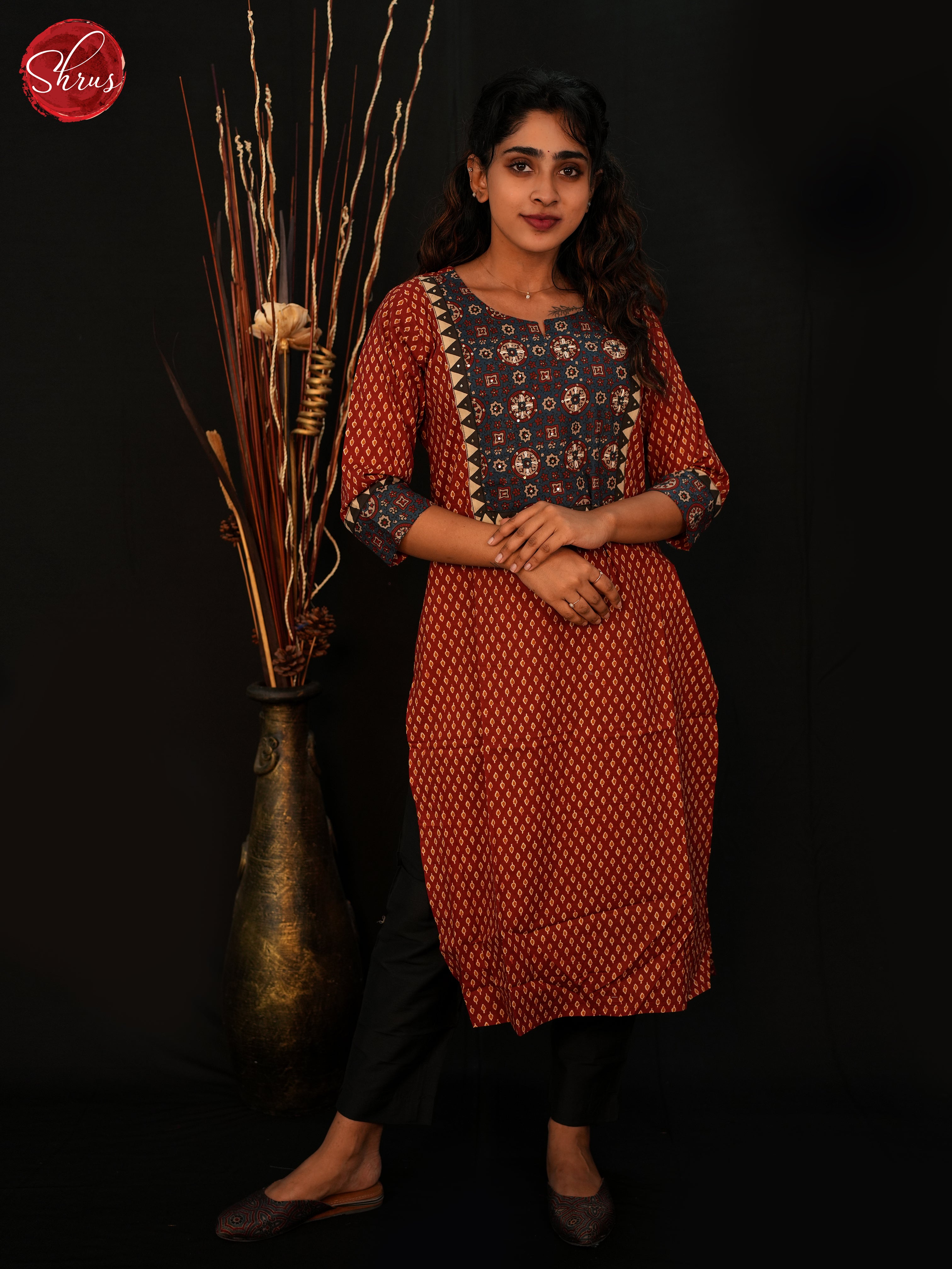 Red  & Blue - Readymade Cotton straight Kurti with floral print - Shop on ShrusEternity.com