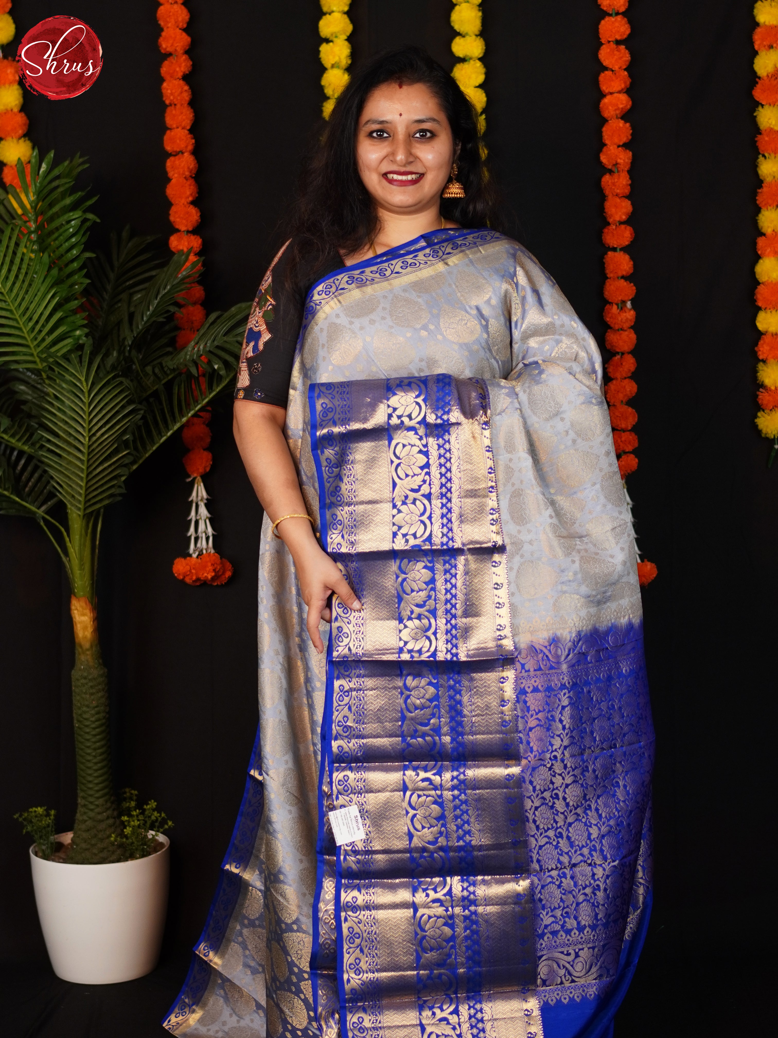 Grey & Blue -  Kanchipuram (Half Pure) Saree with zari woven floral motifs on the body & contrast  Zari Border - Shop on ShrusEternity.com