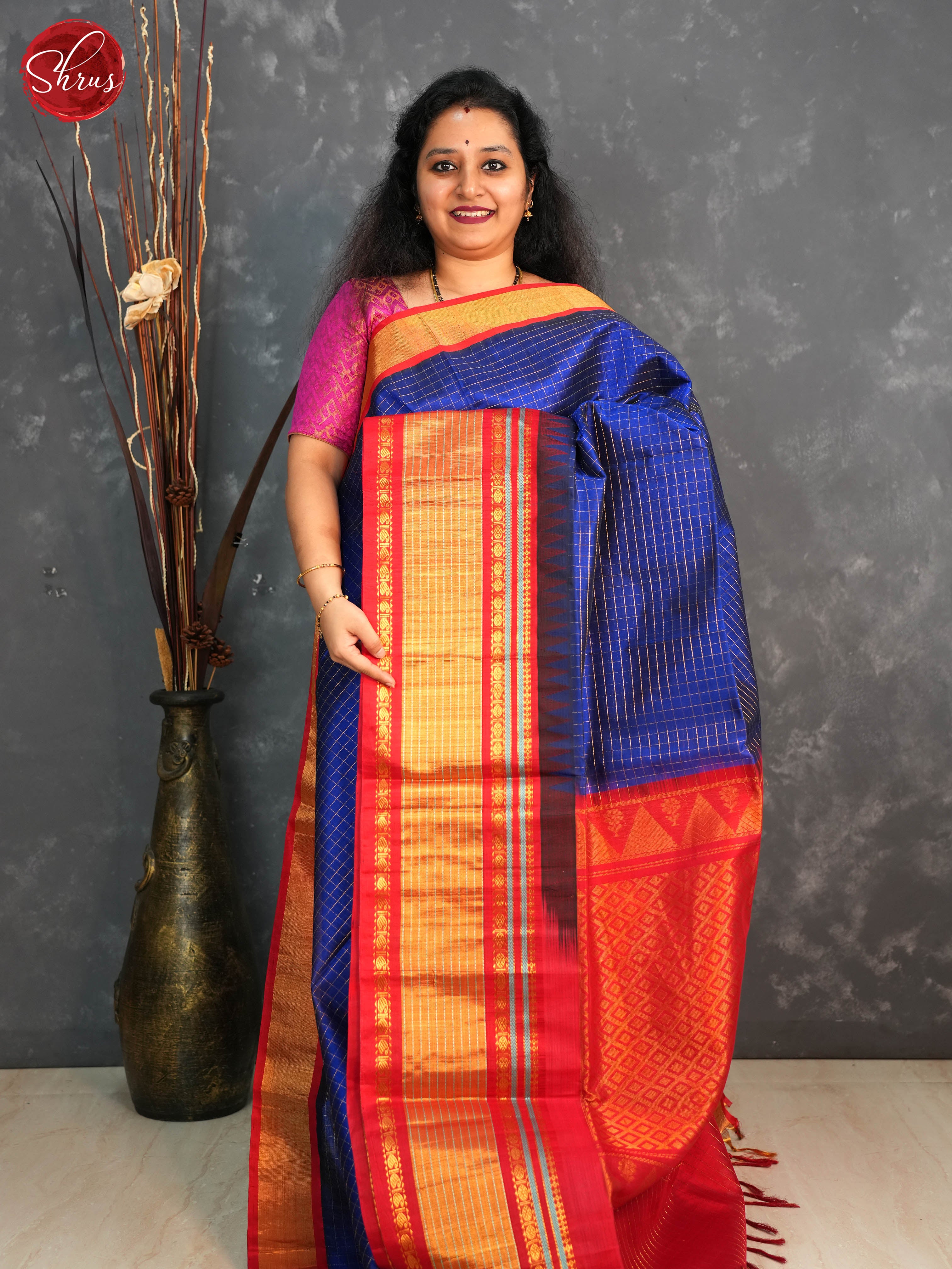 Blue and Red - Silk Cotton Saree - Shop on ShrusEternity.com