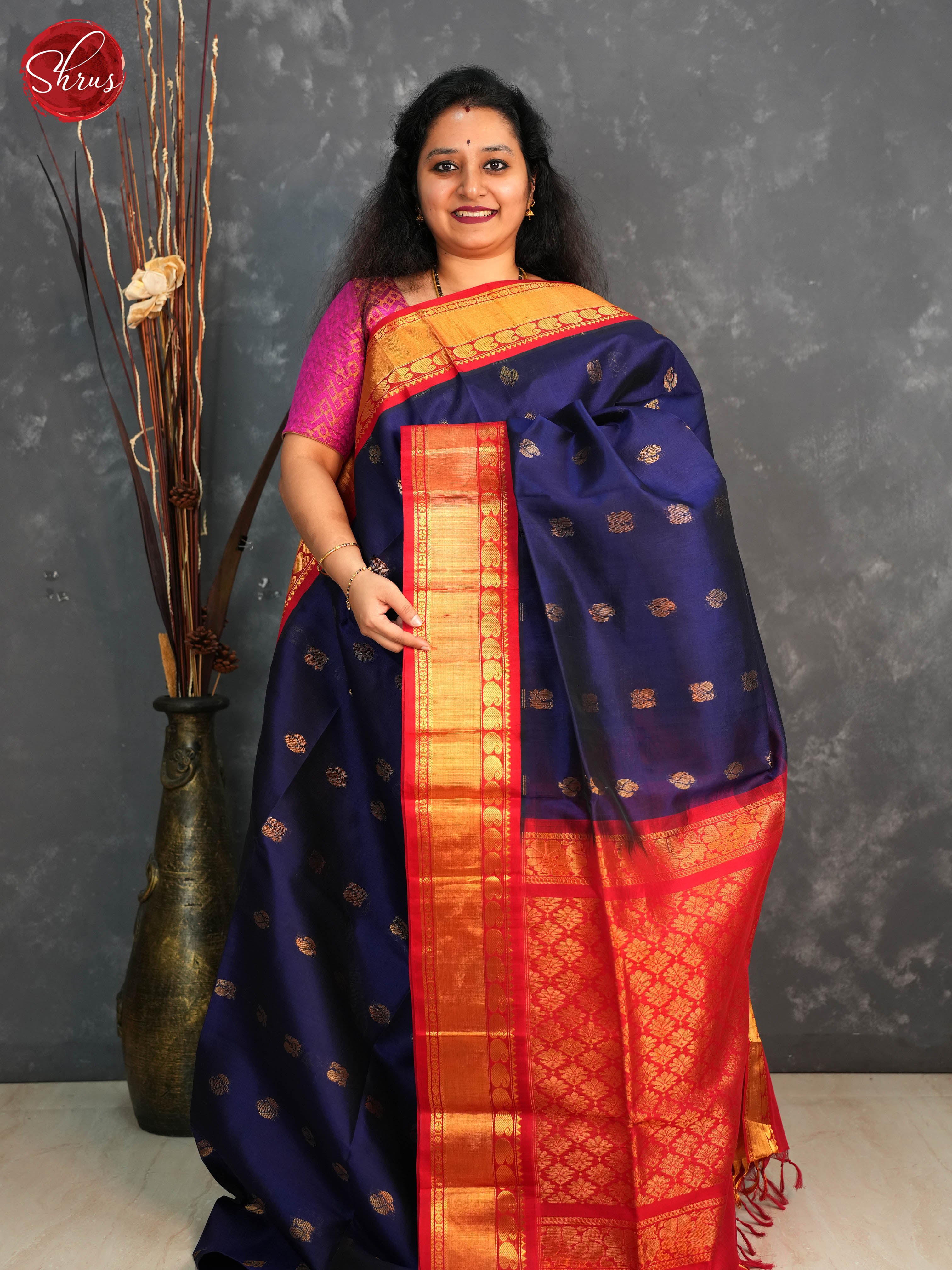 Navy blue and Red - Silk Cotton Saree - Shop on ShrusEternity.com