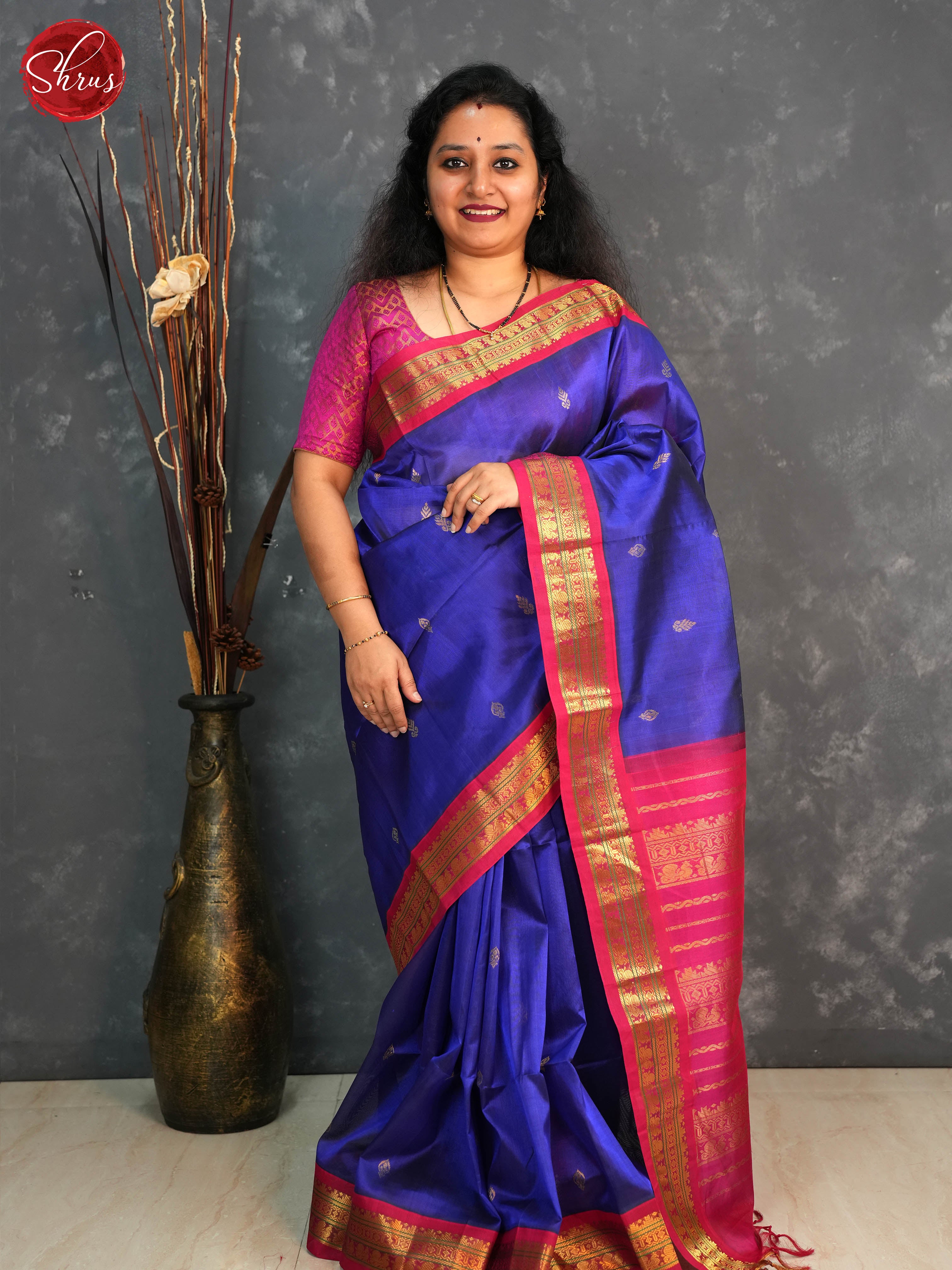 Blue and pink- Silk Cotton Saree - Shop on ShrusEternity.com