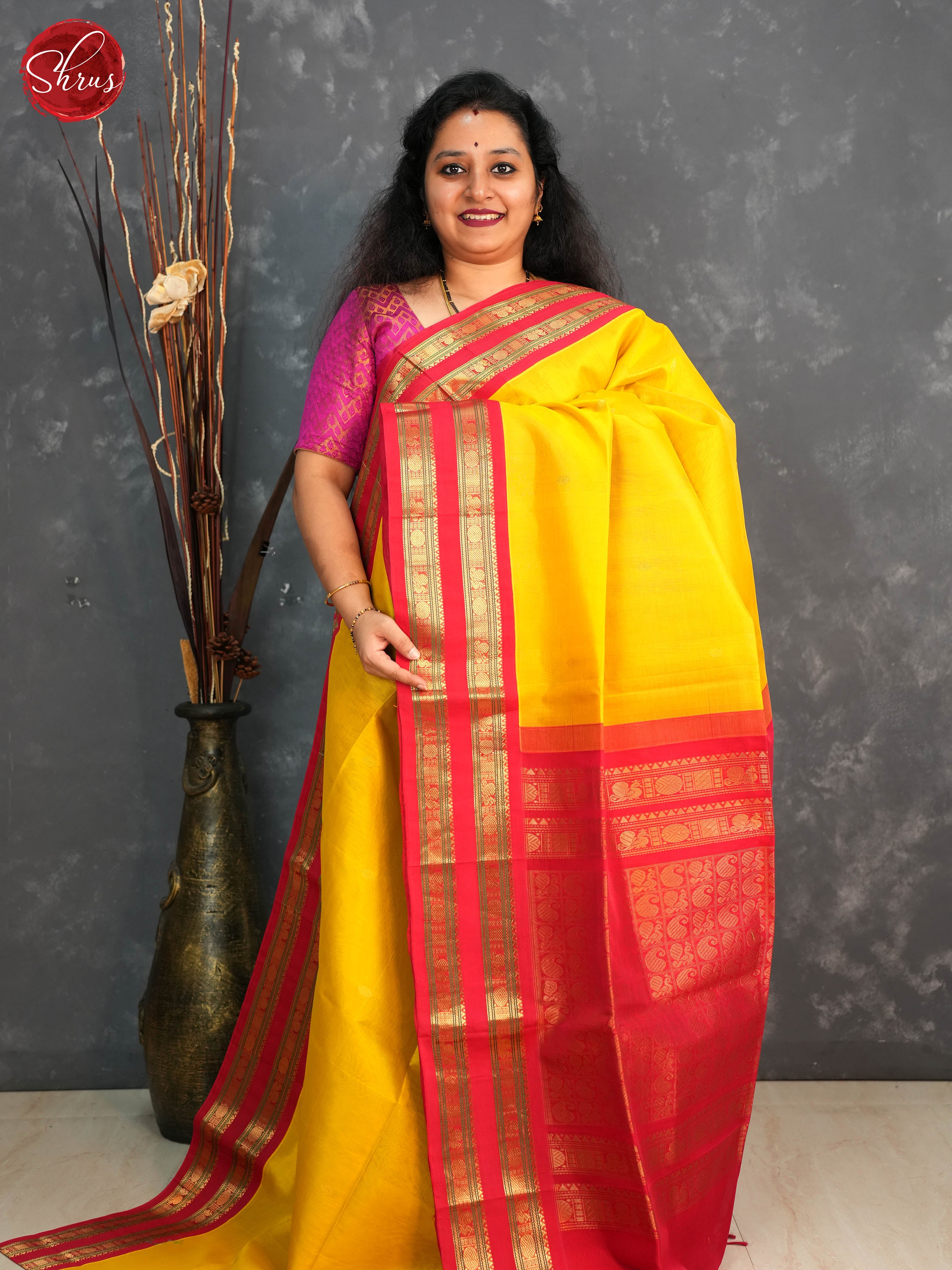 Yellow and Red - Silk Cotton Saree - Shop on ShrusEternity.com