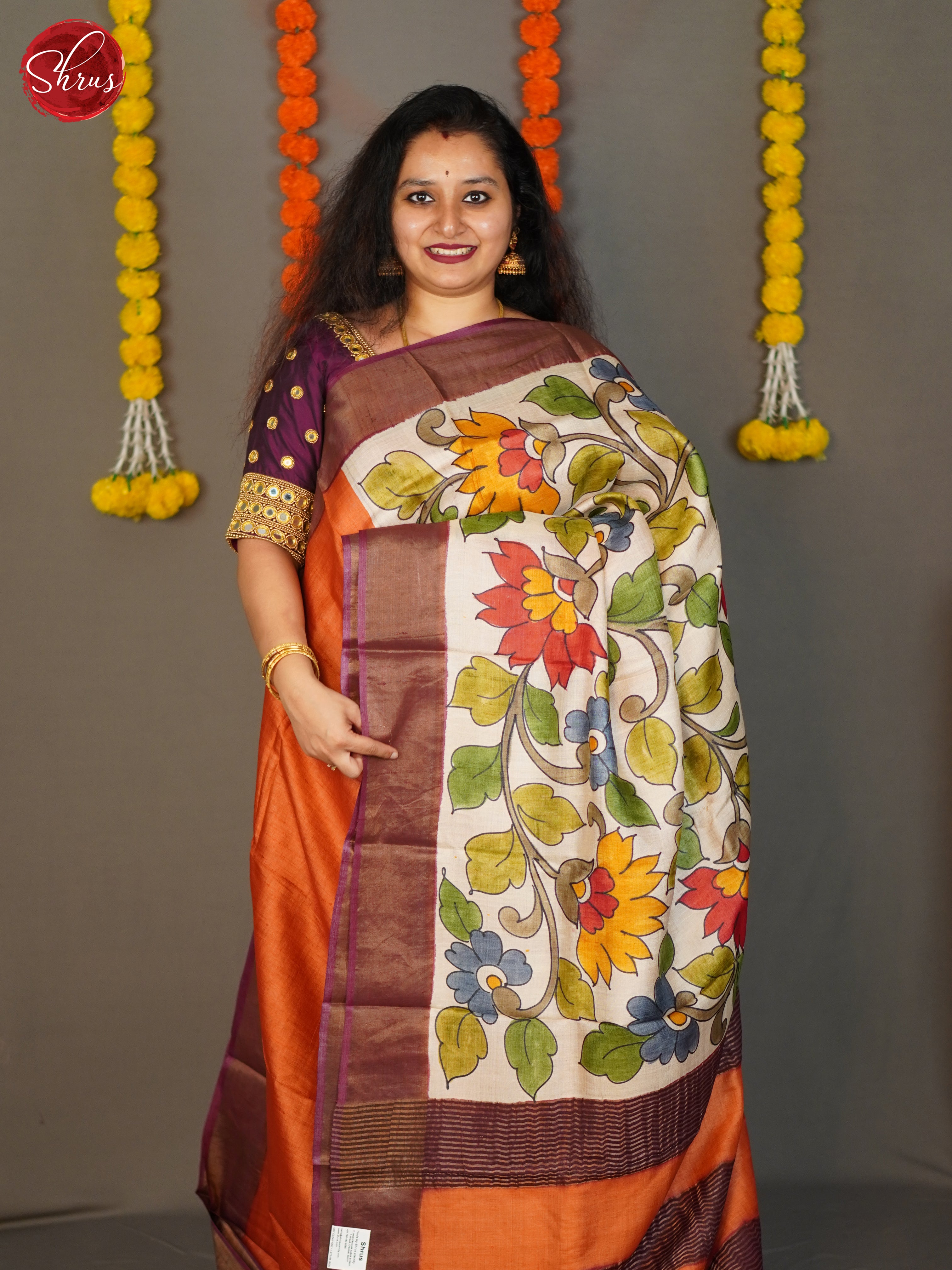 Cream & Peach - Tussar Saree - Shop on ShrusEternity.com