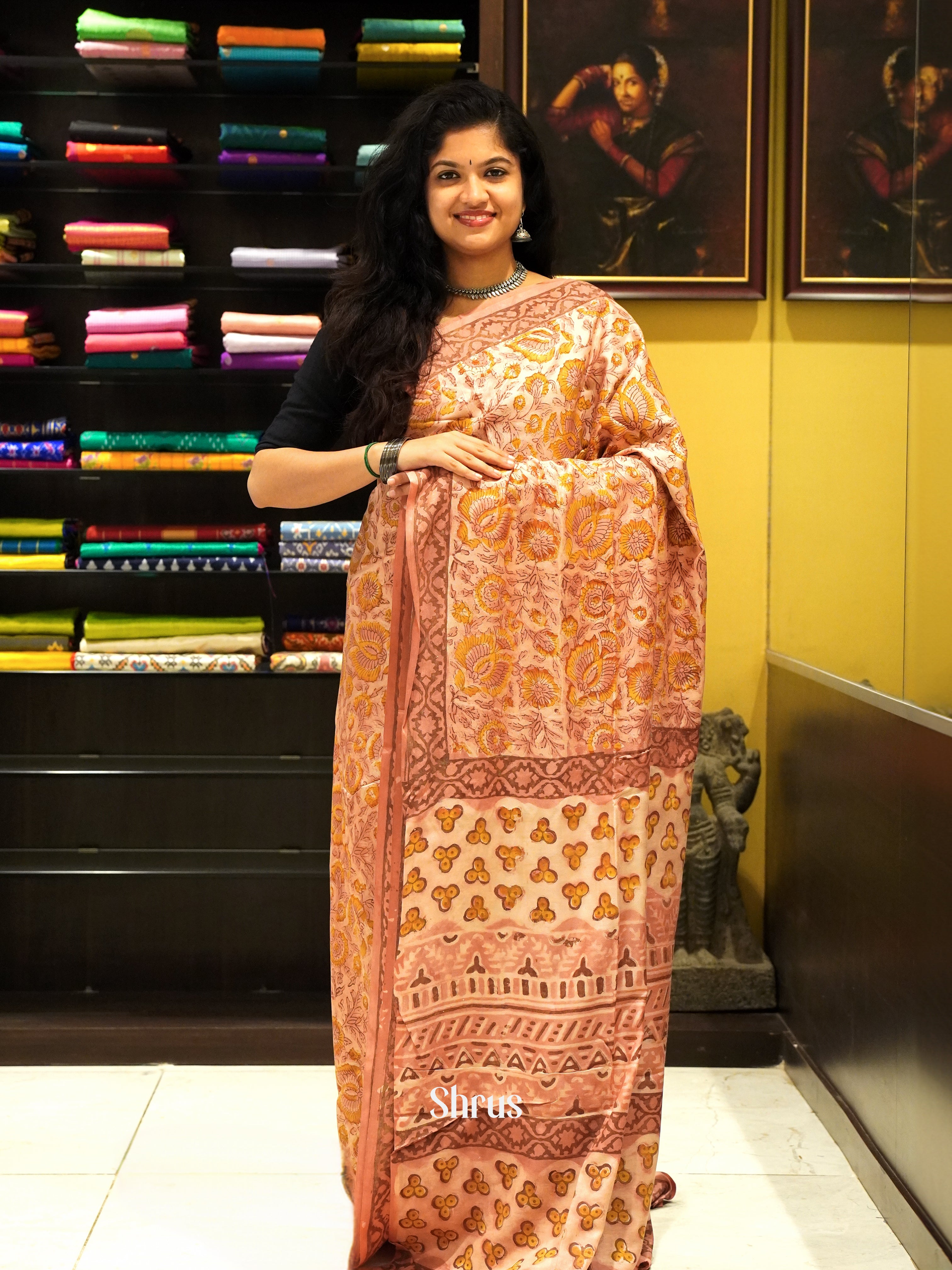 Peach - Semi Crepe Saree