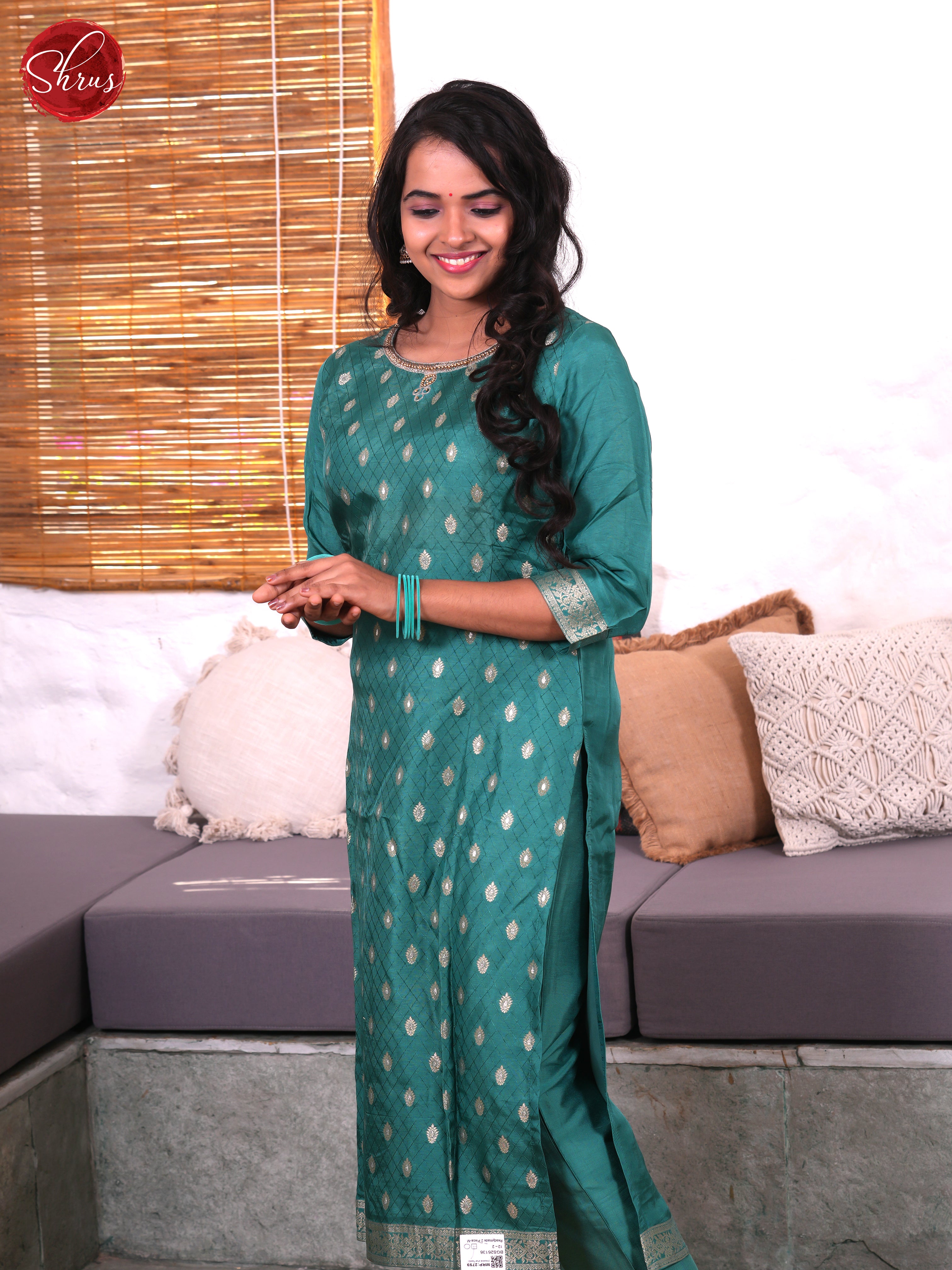 Green - Chanderi Top & Bottom with Zari Sleeve Readymade Salwar - Shop on ShrusEternity.com