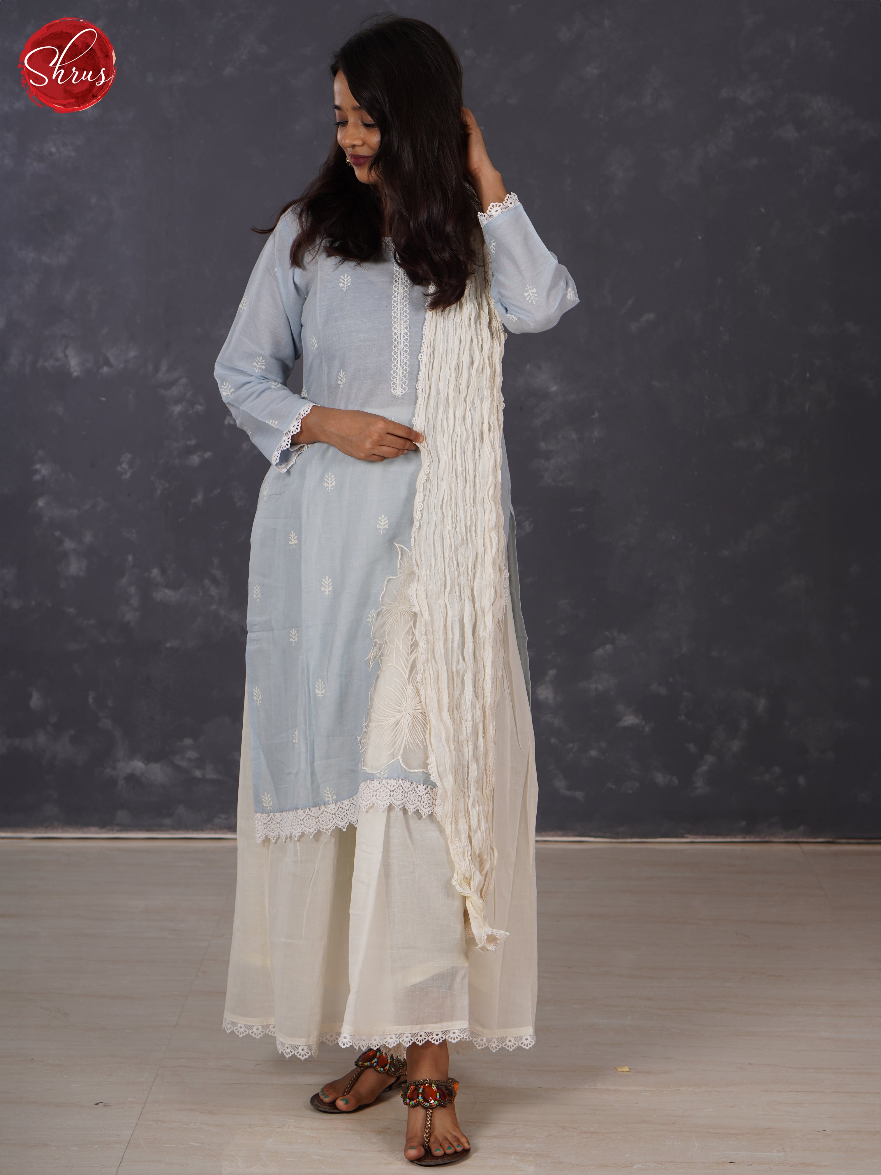 Blue & White  -Cotton 3-piece Readymade Salwar - Shop on ShrusEternity.com