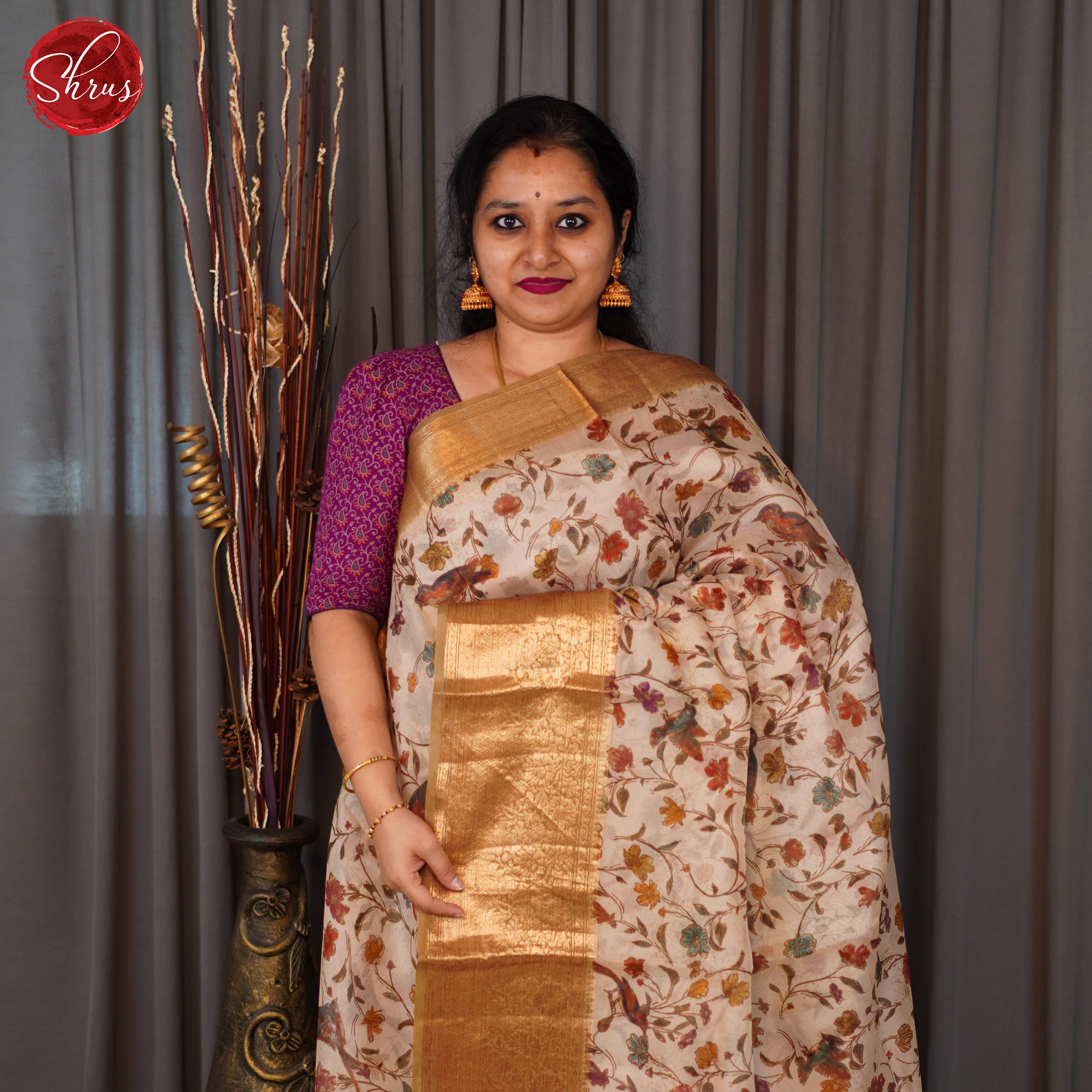 Cream & Beige  - Organza Saree - Shop on ShrusEternity.com