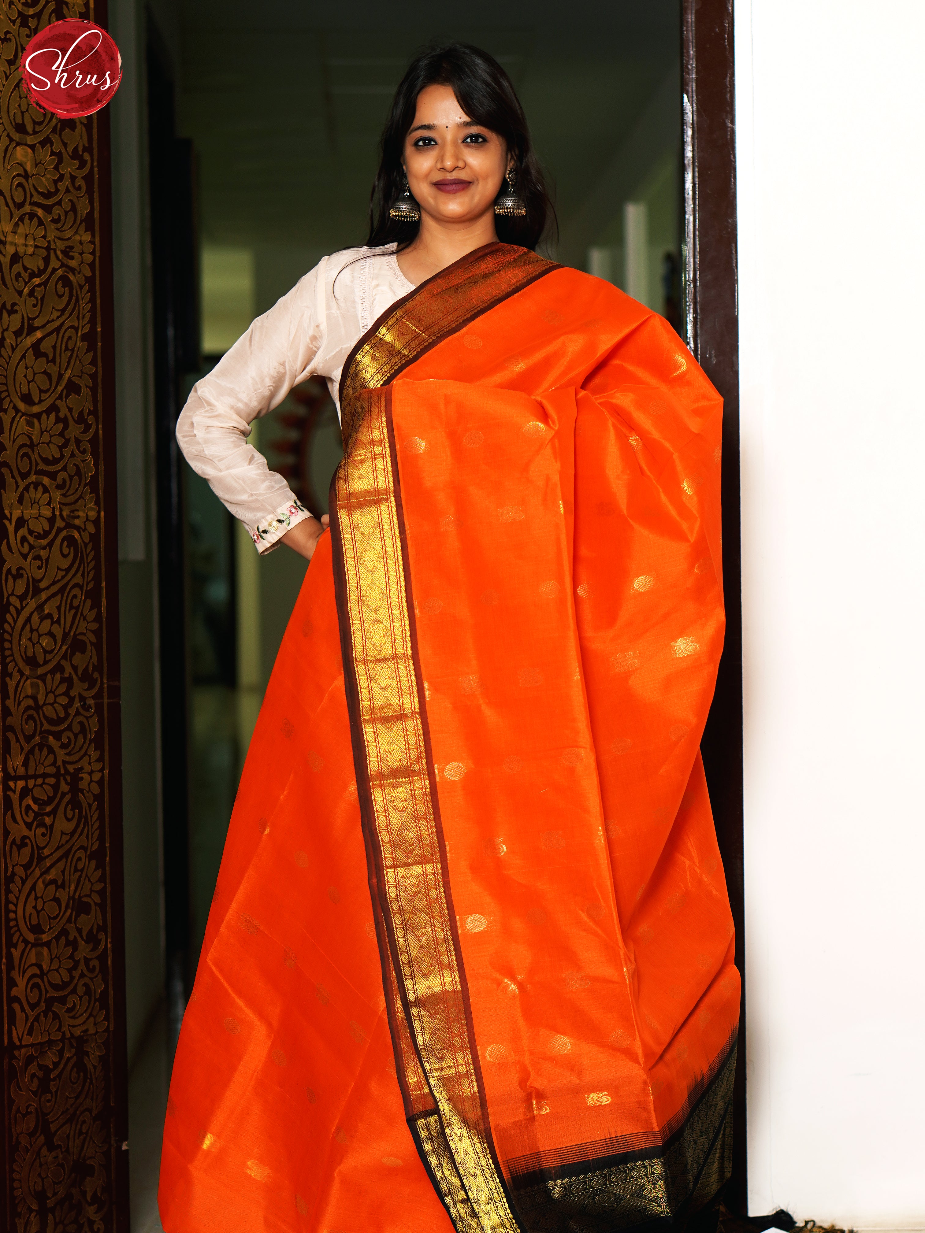 Orange & Black - Silk Cotton Saree - Shop on ShrusEternity.com