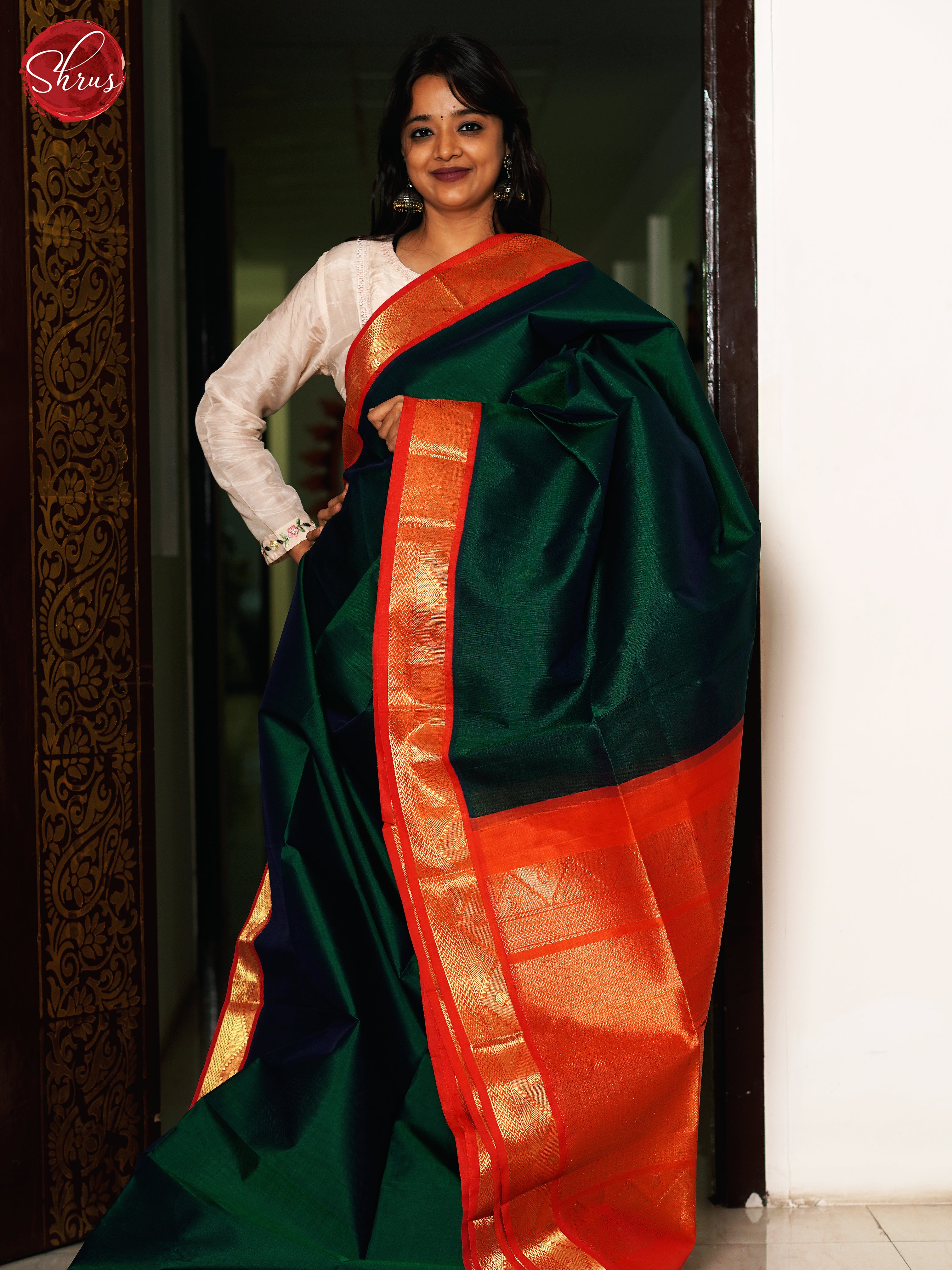 Green & Orange - Silk Cotton Saree - Shop on ShrusEternity.com
