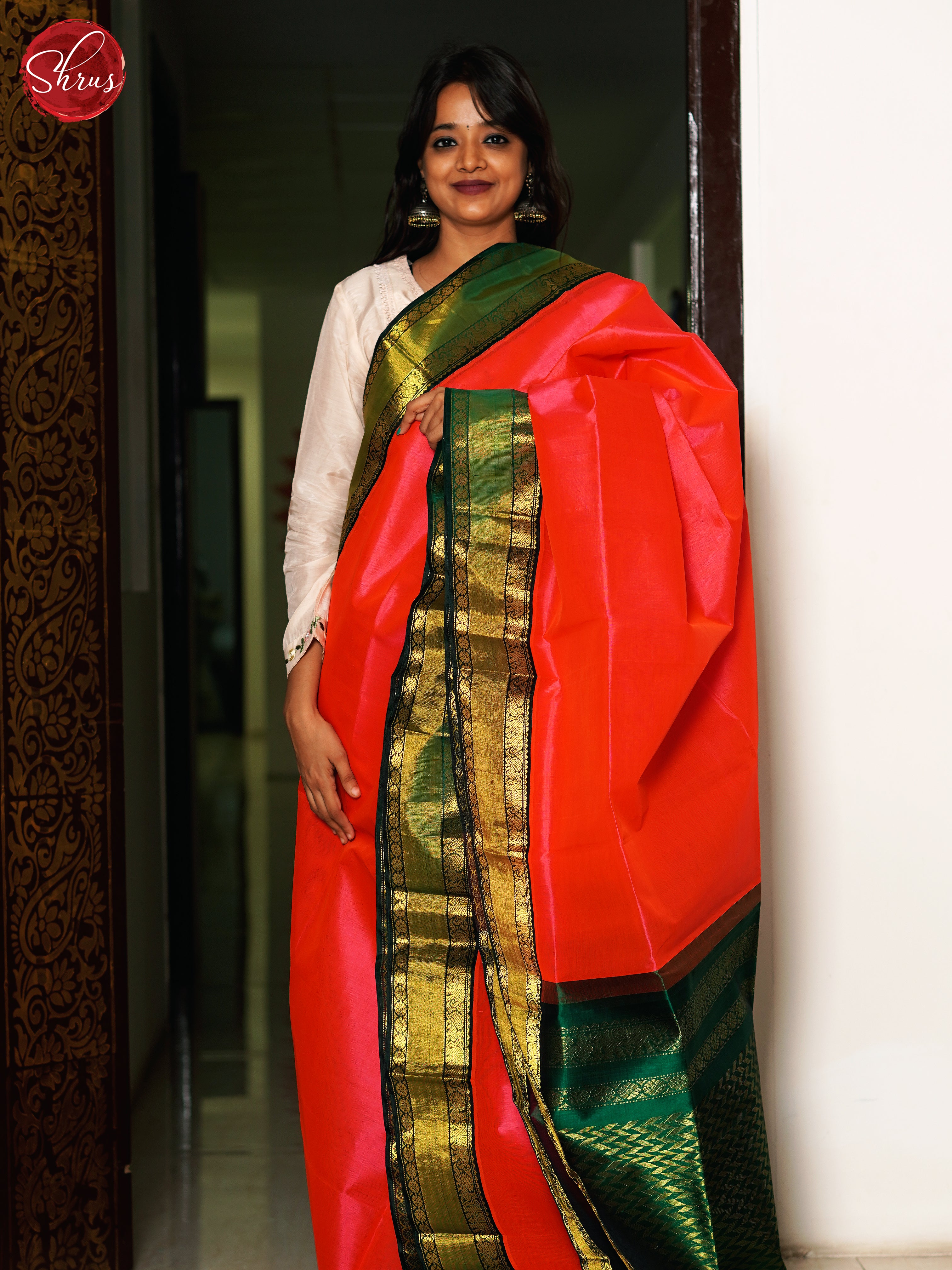 Orange  & Green - Silk Cotton Saree - Shop on ShrusEternity.com