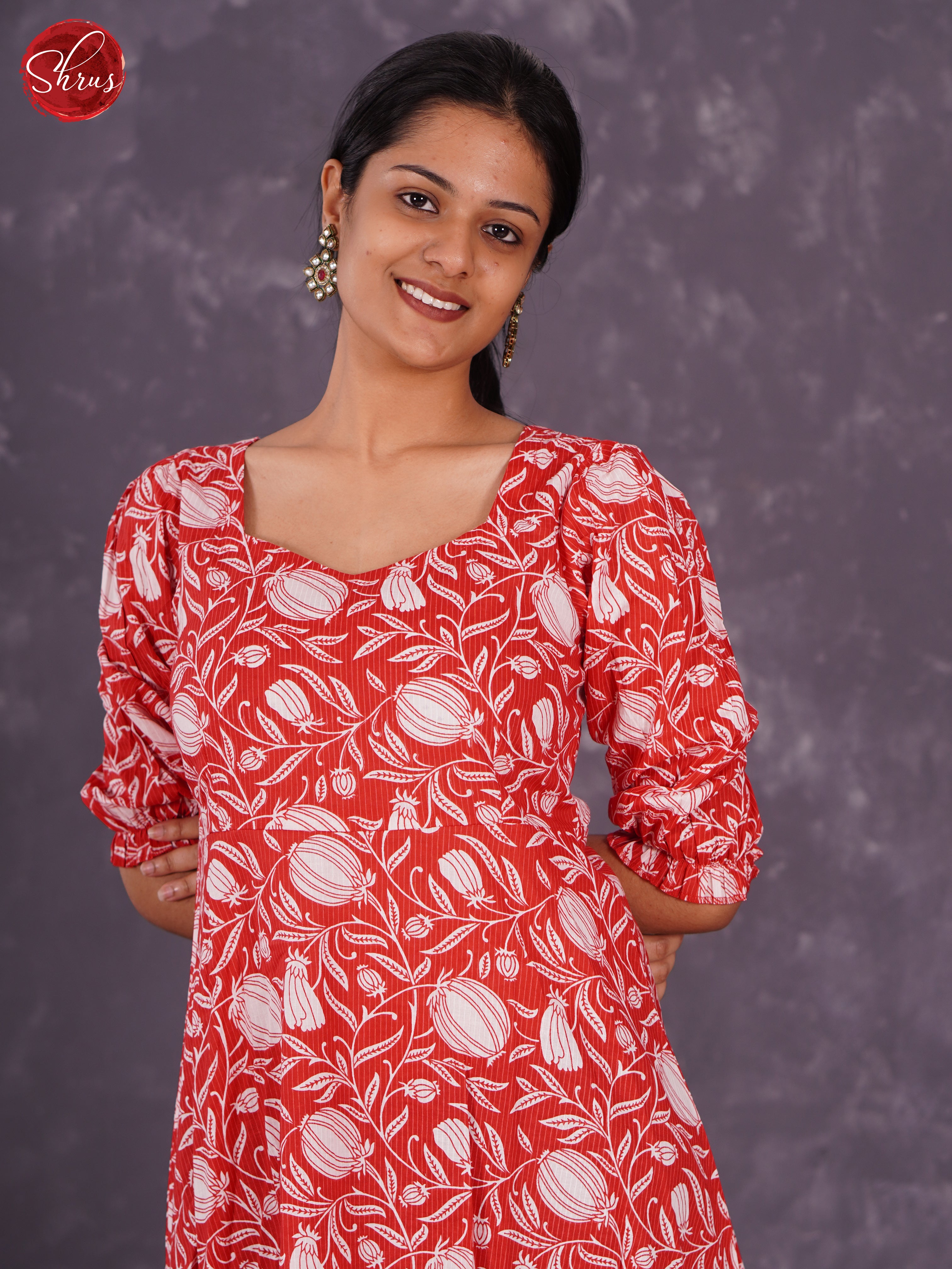 Red - Readymade kurti  with floral print , frilled pattern - Shop on ShrusEternity.com