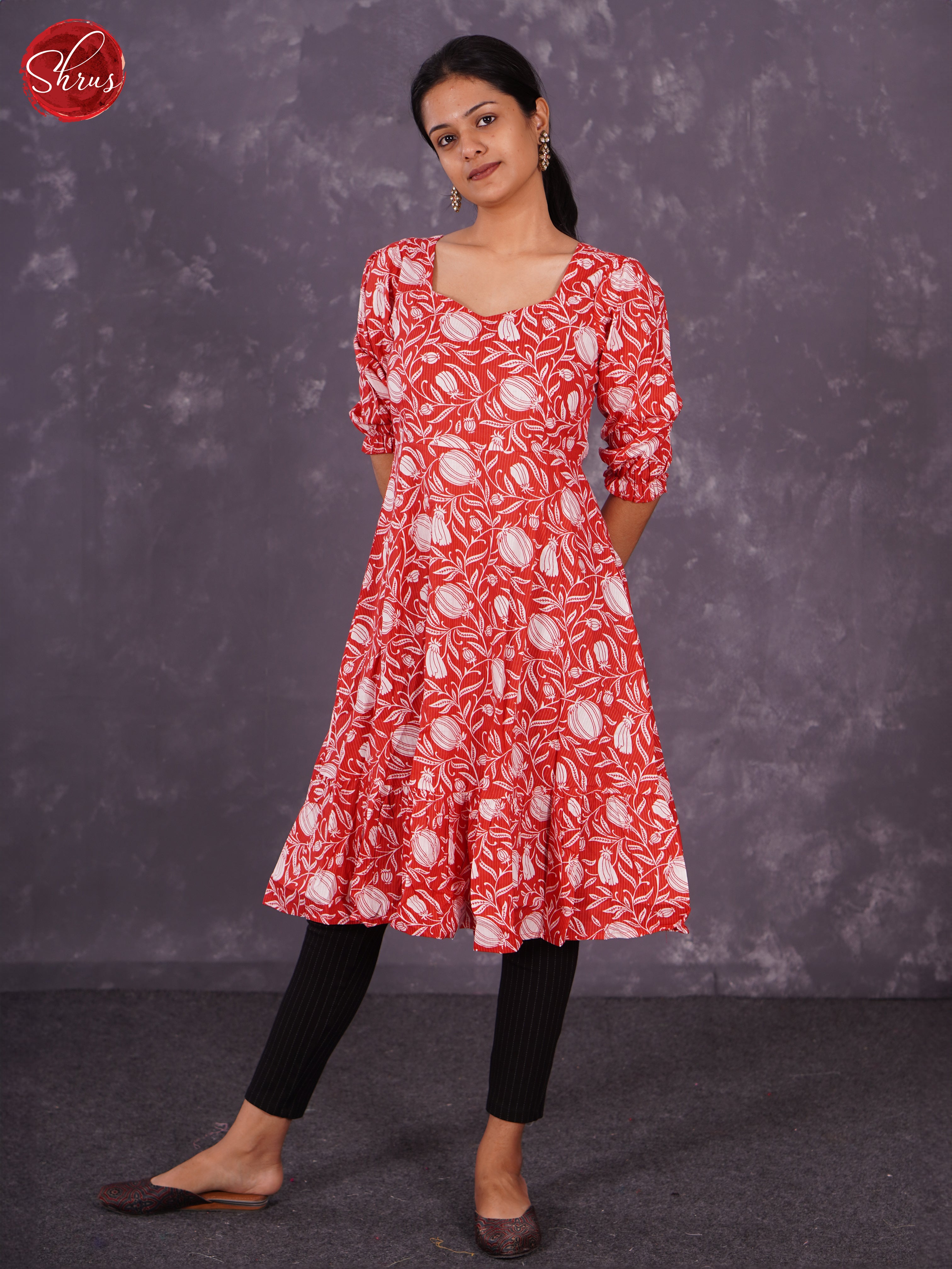 Red - Readymade kurti  with floral print , frilled pattern - Shop on ShrusEternity.com