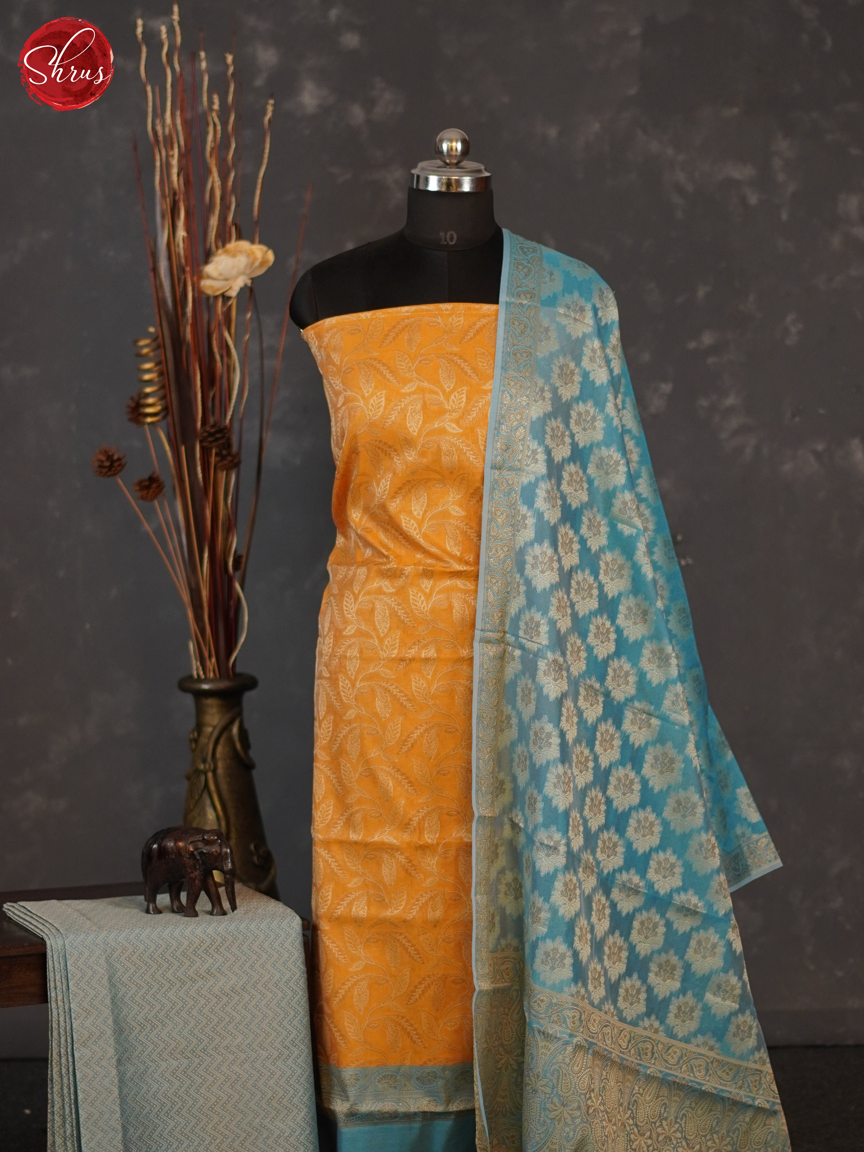 Mustard & Blue- Semi banaras salwar - Shop on ShrusEternity.com