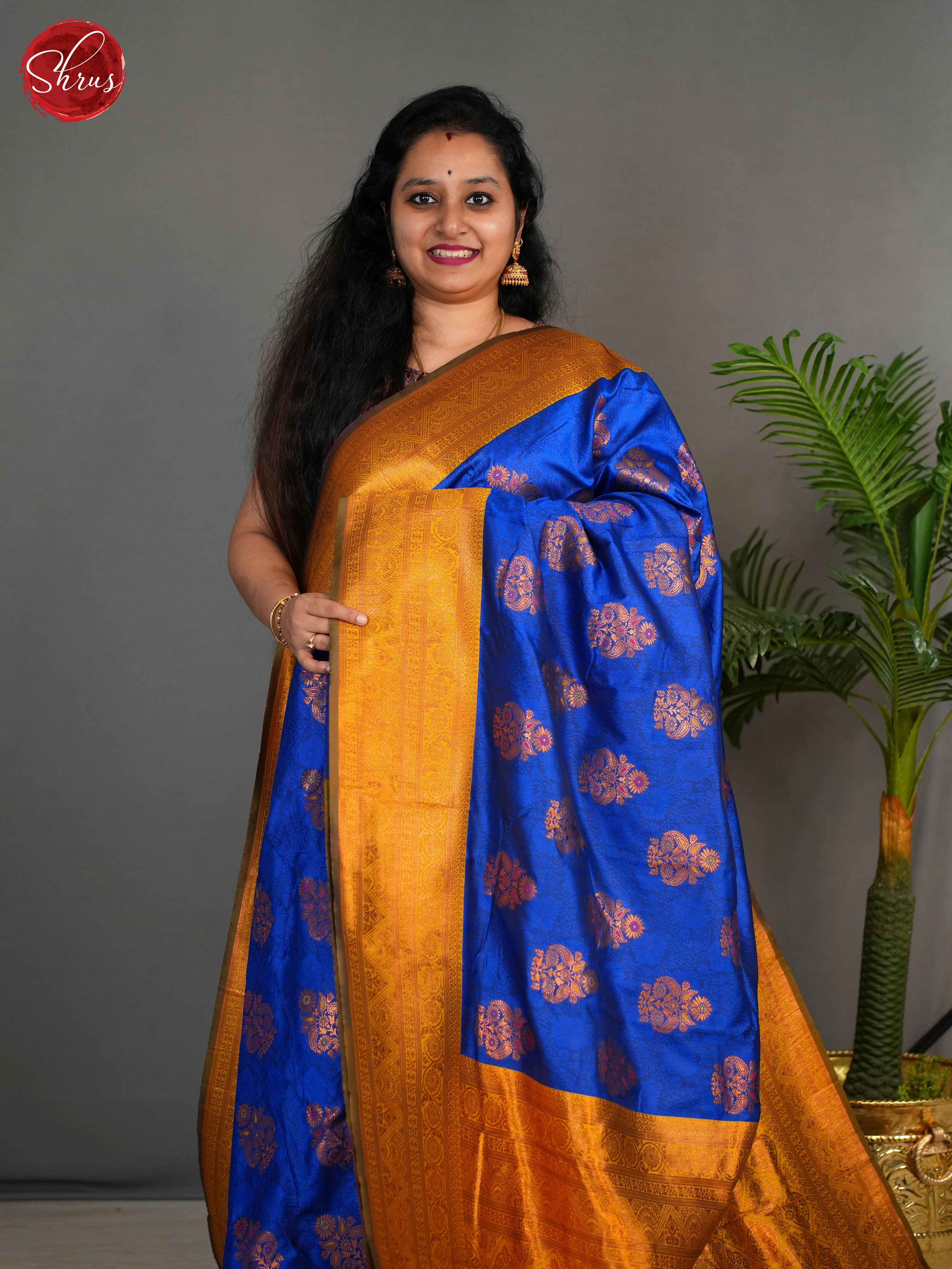 Blue & Mustard - Semi kanchipuram Saree - Shop on ShrusEternity.com