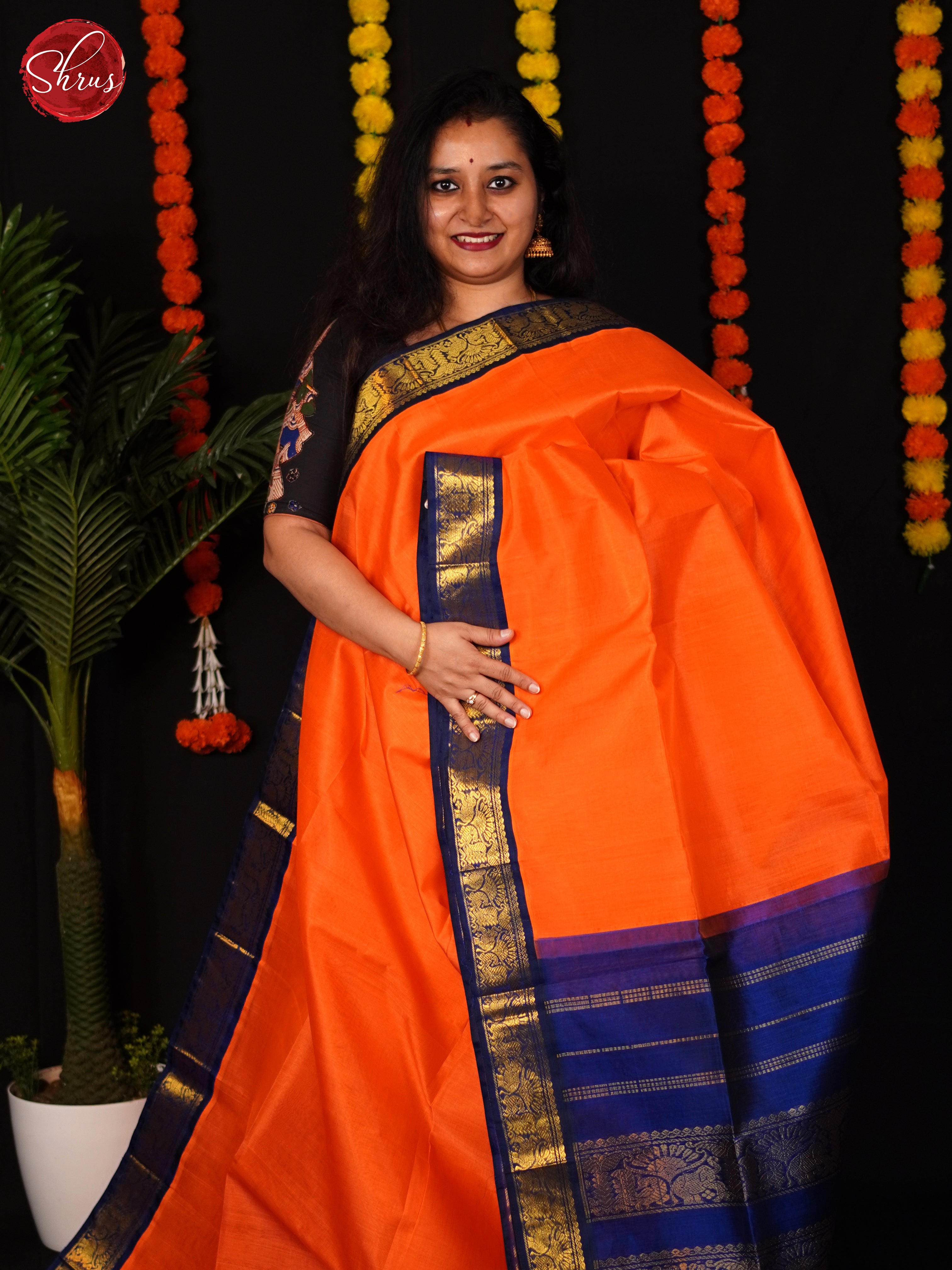 Orange & Blue - Silk Cotton Saree - Shop on ShrusEternity.com