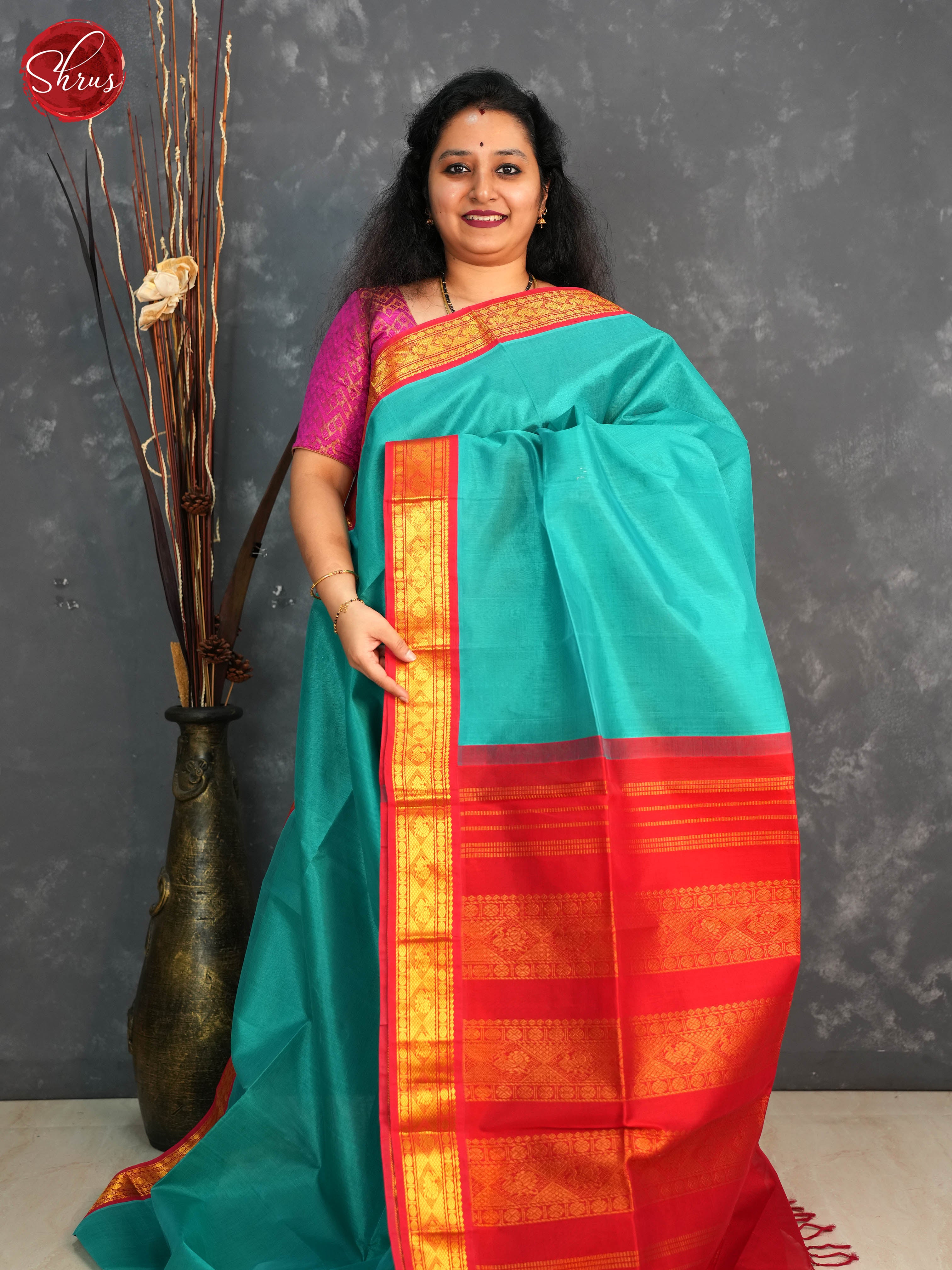 Blue and Red- Silk Cotton Saree - Shop on ShrusEternity.com