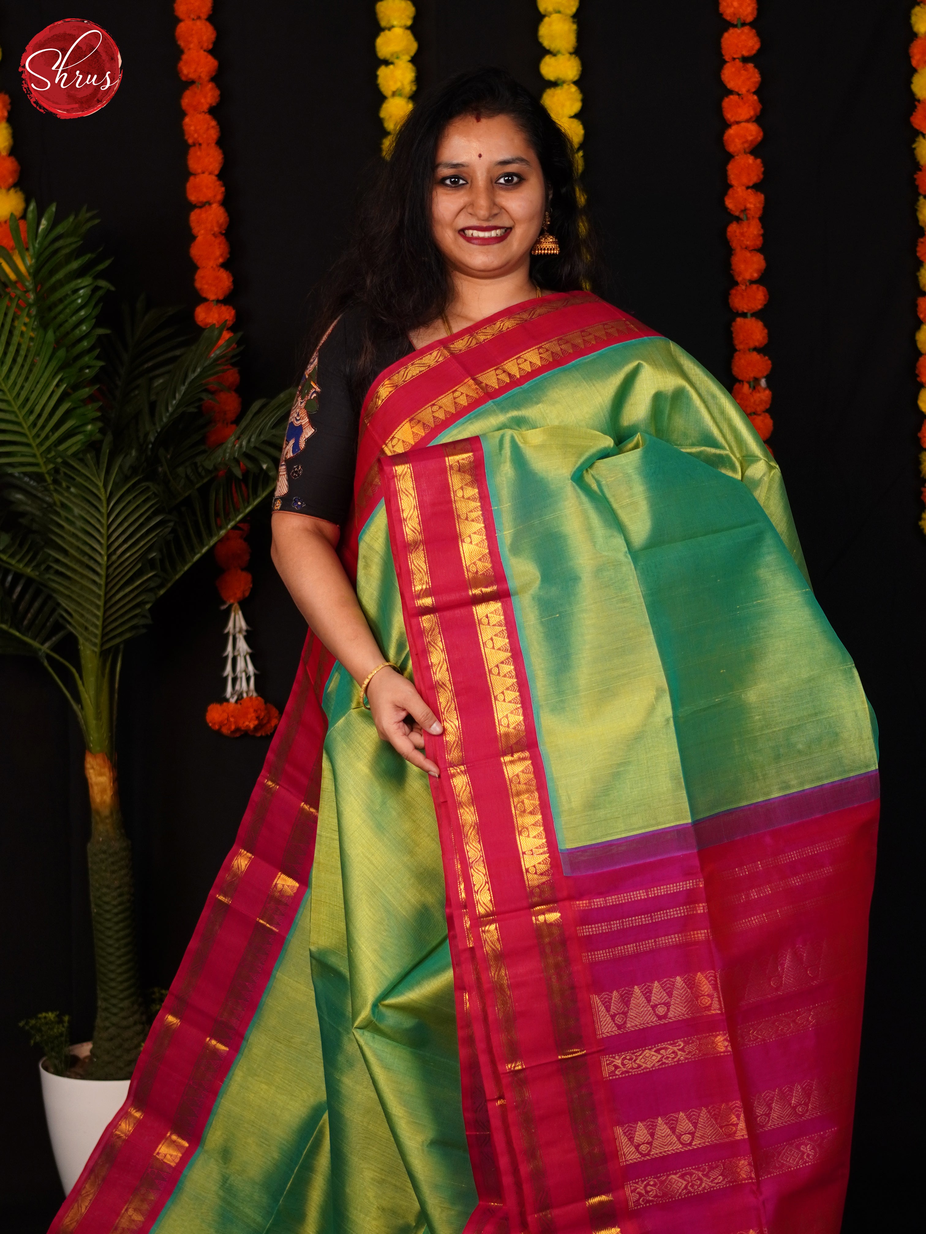 Green & Pink - Silk Cotton Saree - Shop on ShrusEternity.com