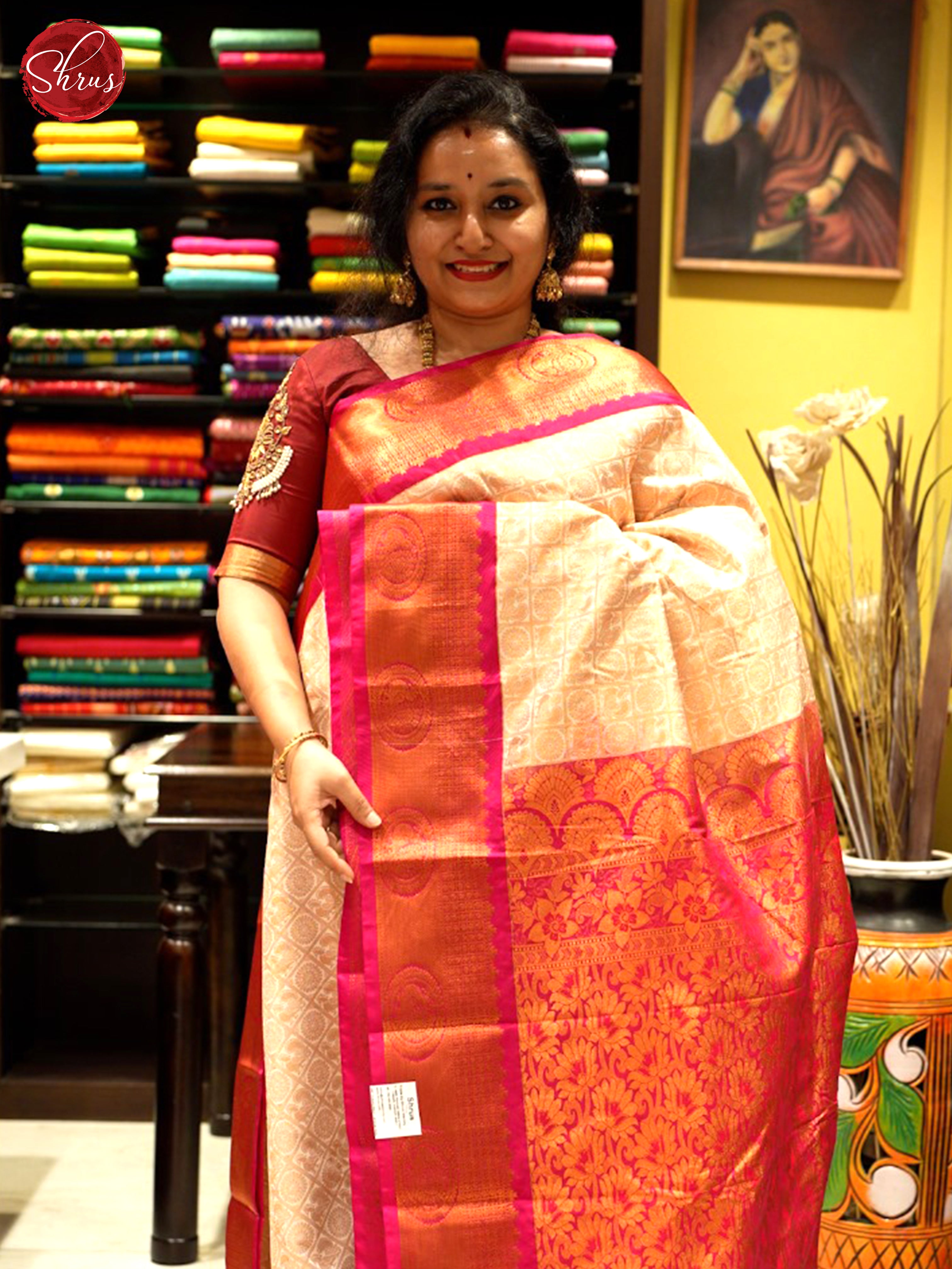 Cream & Pink - Semi Kanchipuram Saree - Shop on ShrusEternity.com