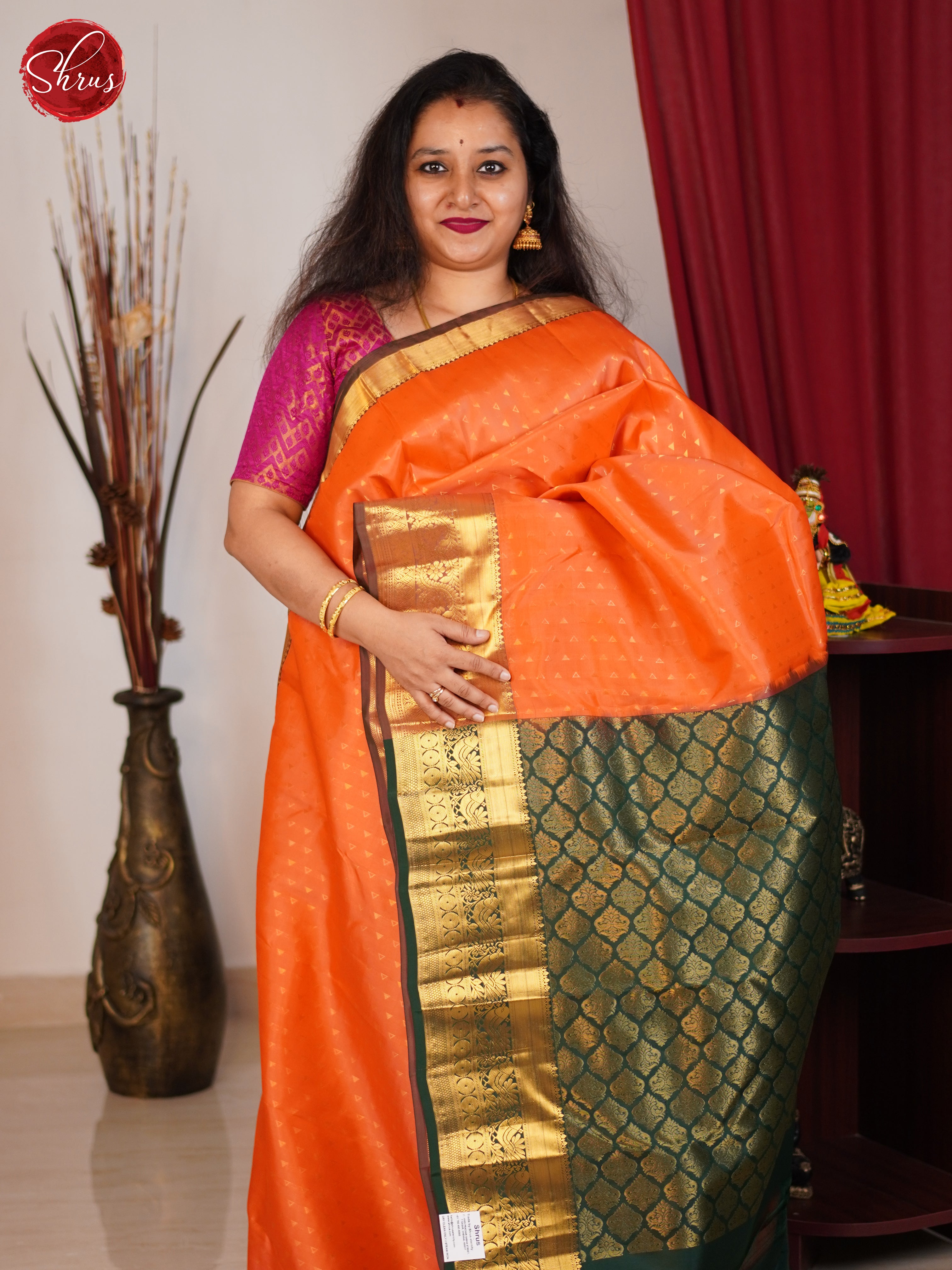 Peach & Green - Kanchipuram halfpure Saree - Shop on ShrusEternity.com