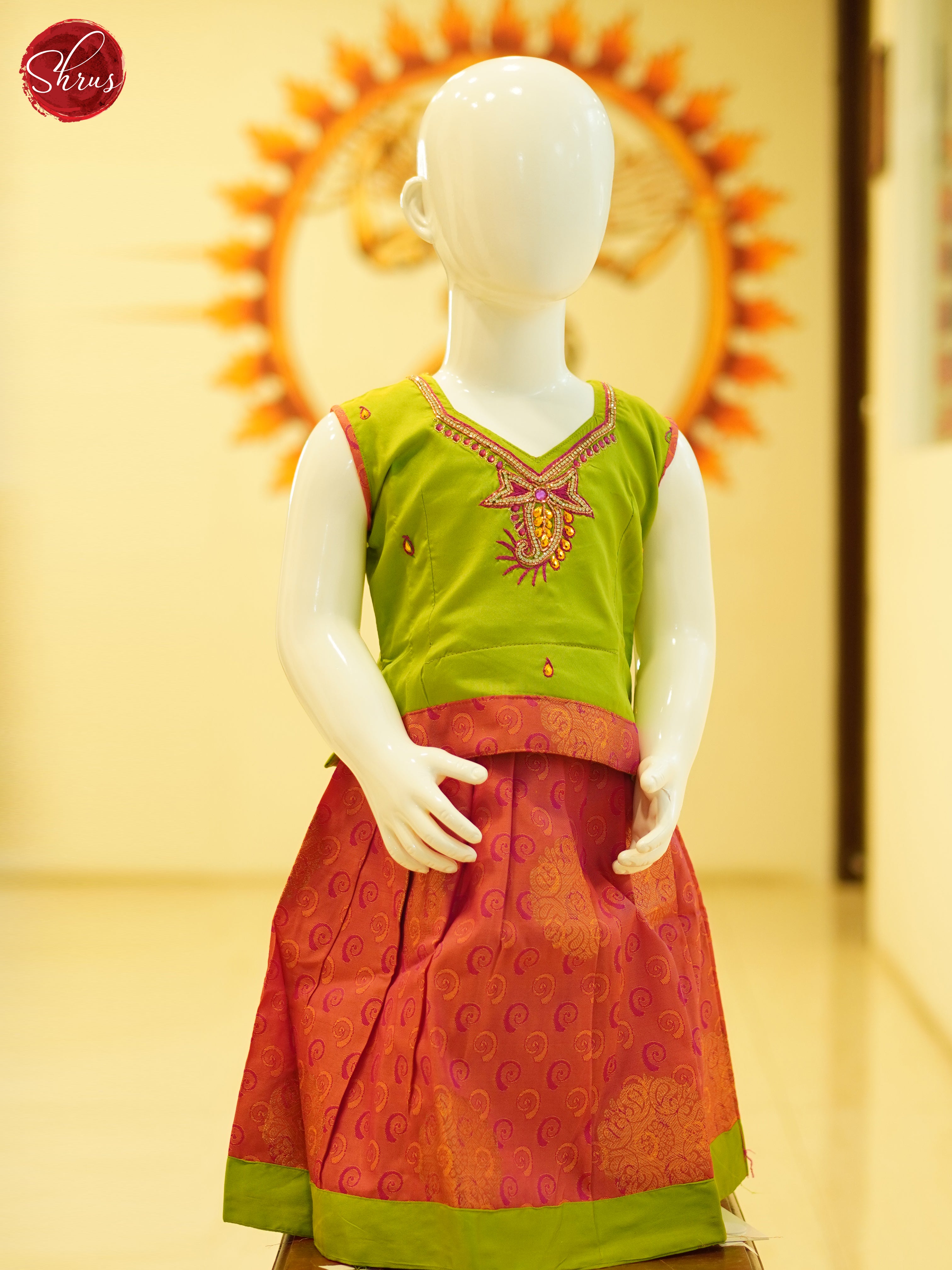 Green & Orange - Readymade Kids Pattu Pavadai - Shop on ShrusEternity.com