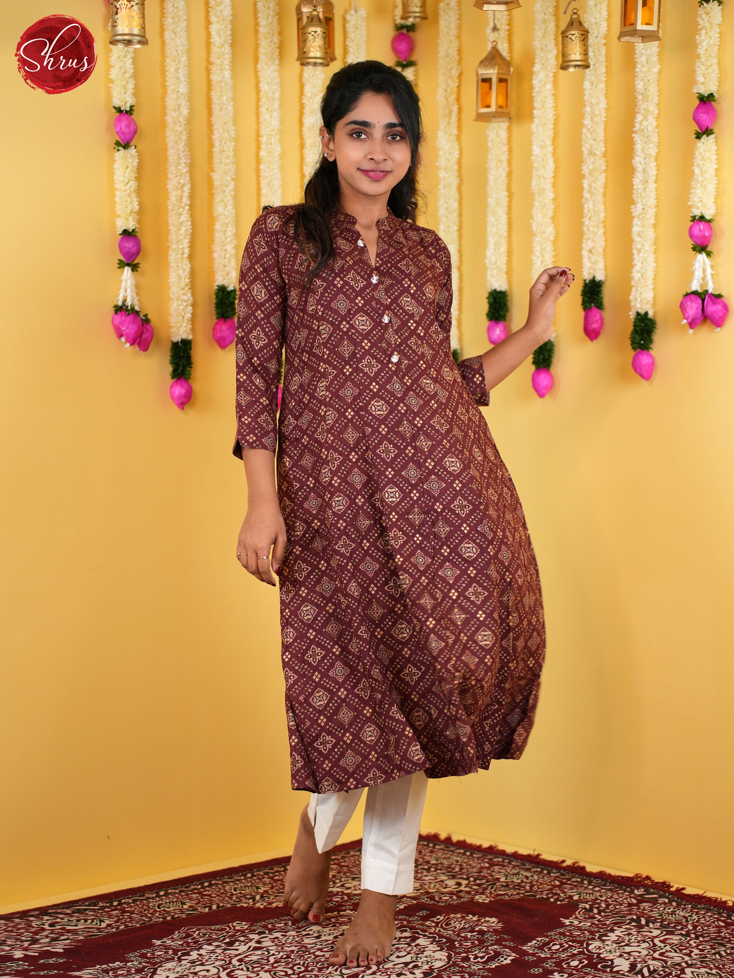 Brown -Printed anarkali Readymade kurti - Shop on ShrusEternity.com