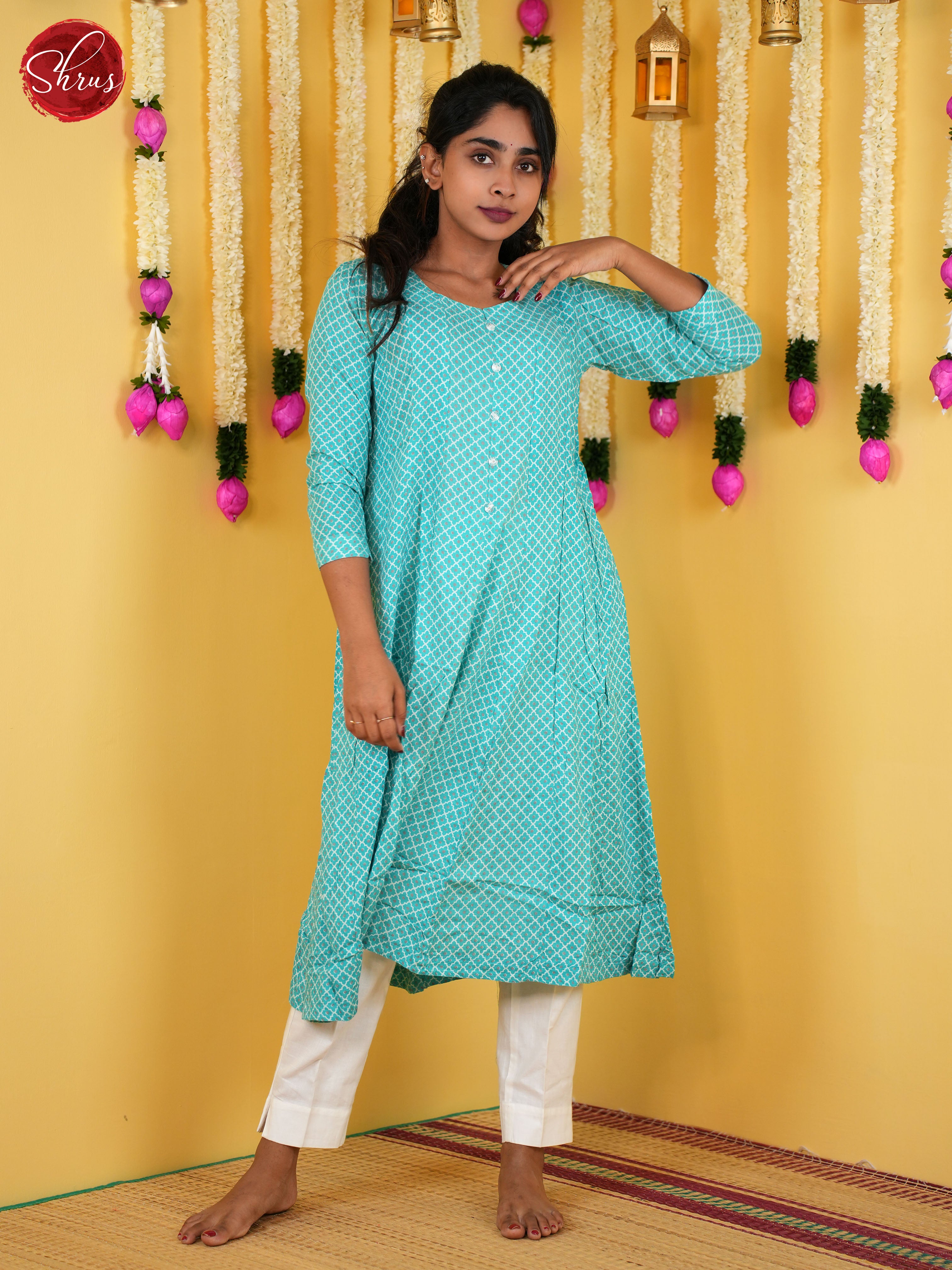 Blue -Anarkali printed Readymade Kurti - Shop on ShrusEternity.com