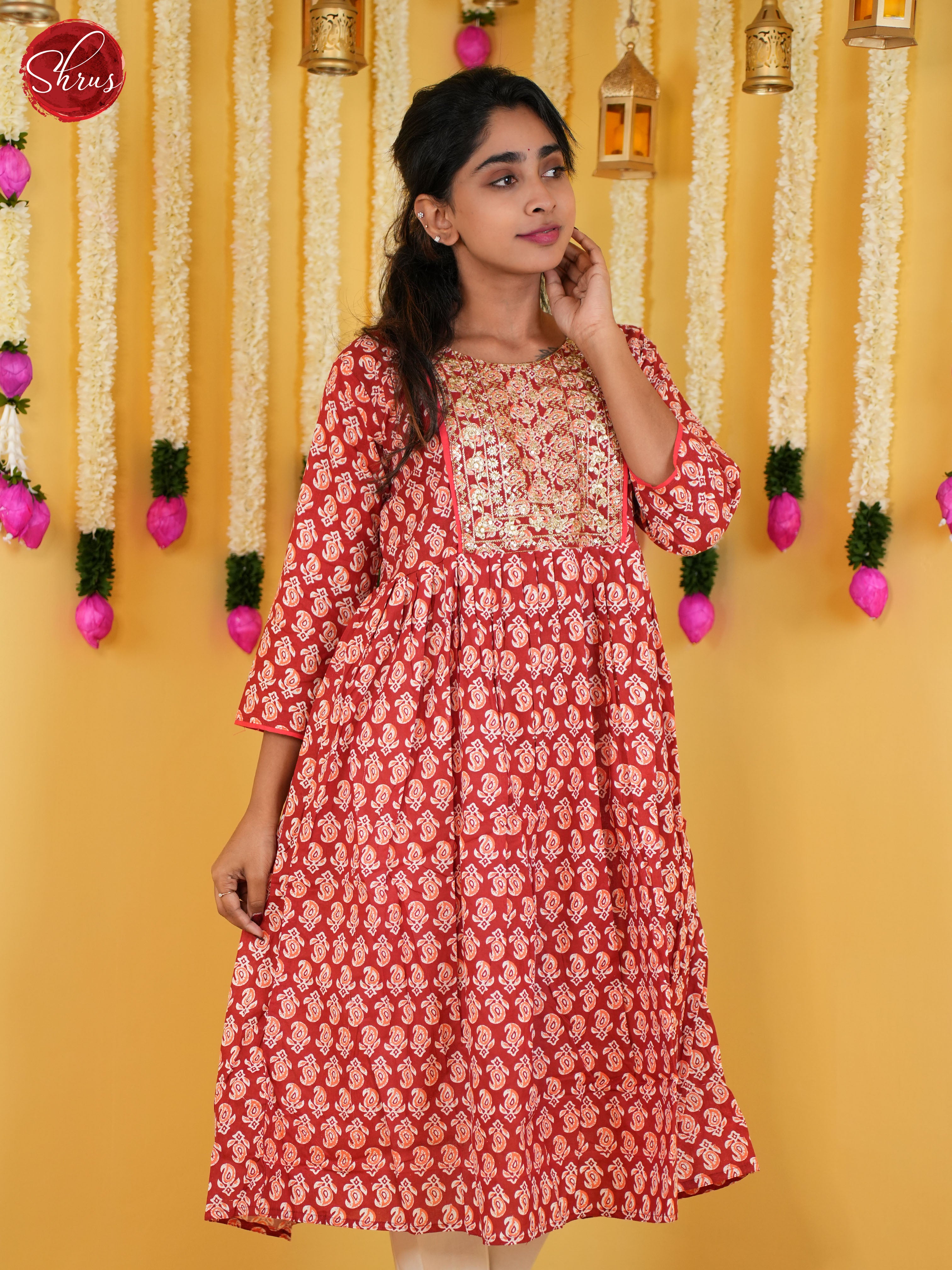 Red  -Floral printed Anarkali Readymade Kurti - Shop on ShrusEternity.com